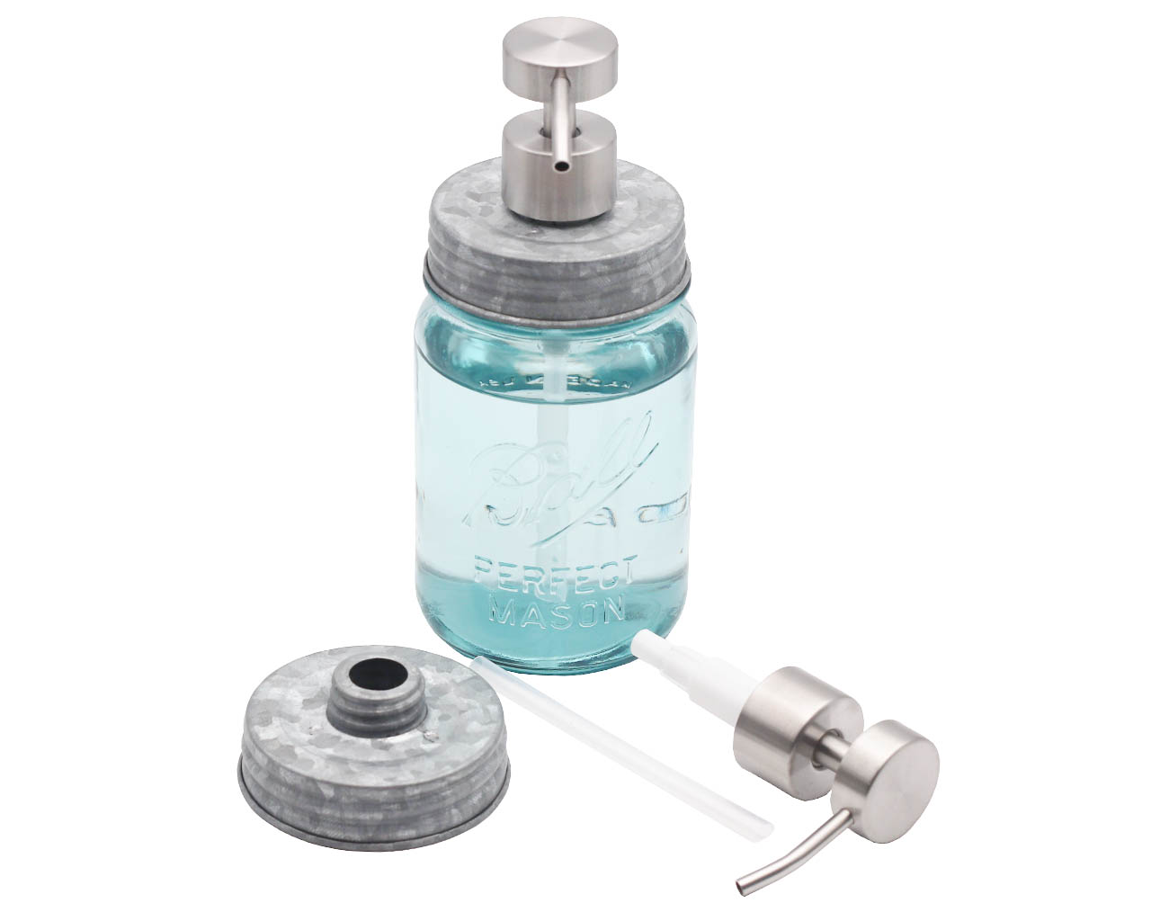 Threaded Brushed Stainless Steel/Matte Satin Soap Dispenser with Galvanized Lid for Regular Mouth Mason Jars Style #2