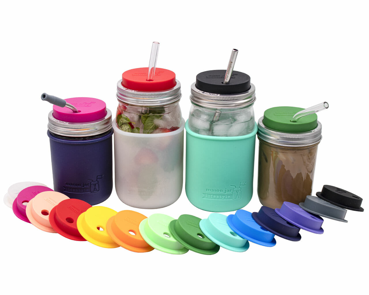 Silicone Straw Hole Tumbler with Stainless Steel Band for Mason Jars