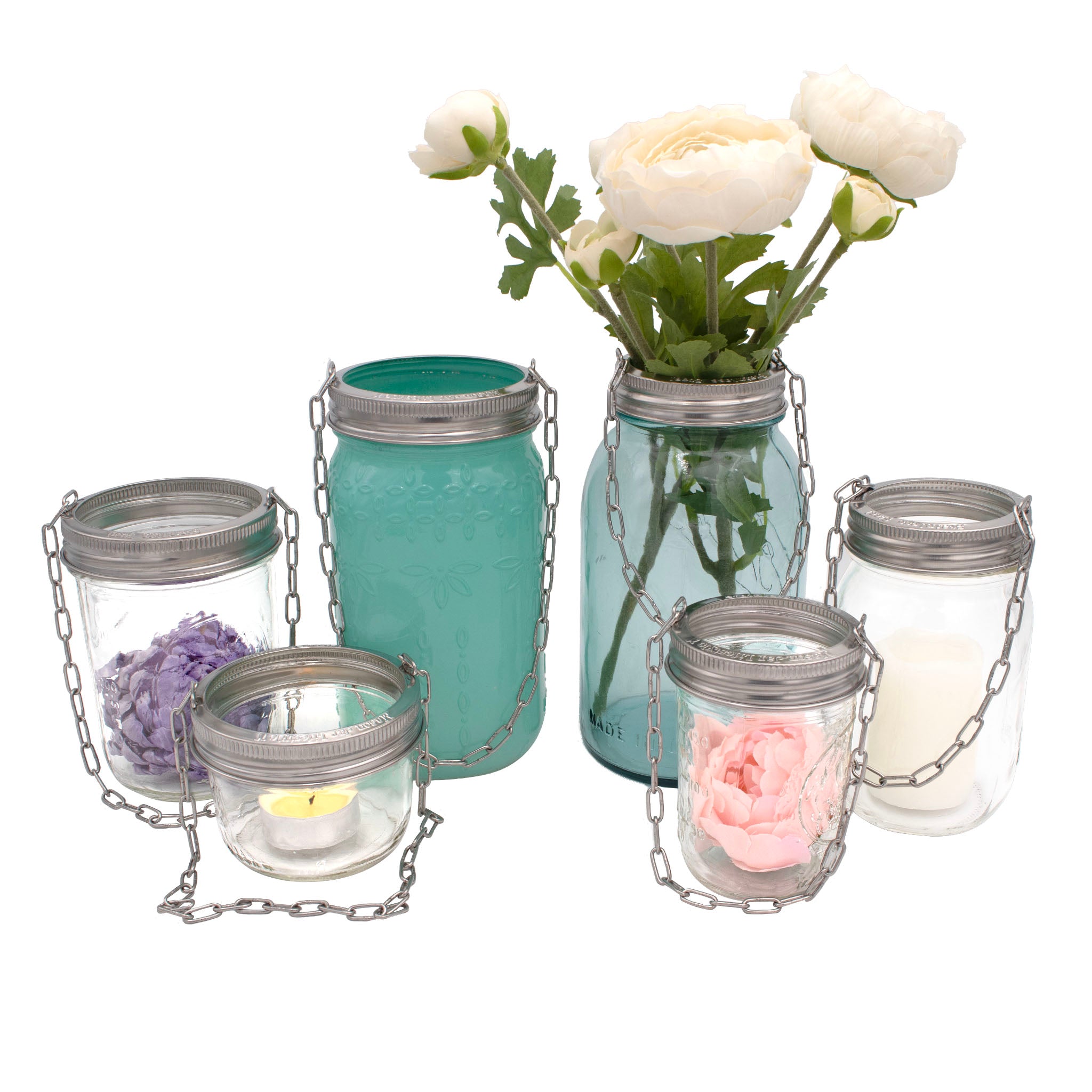 Stainless steel bands with chains for Mason jars on both regular mouth and wide mouth jars.