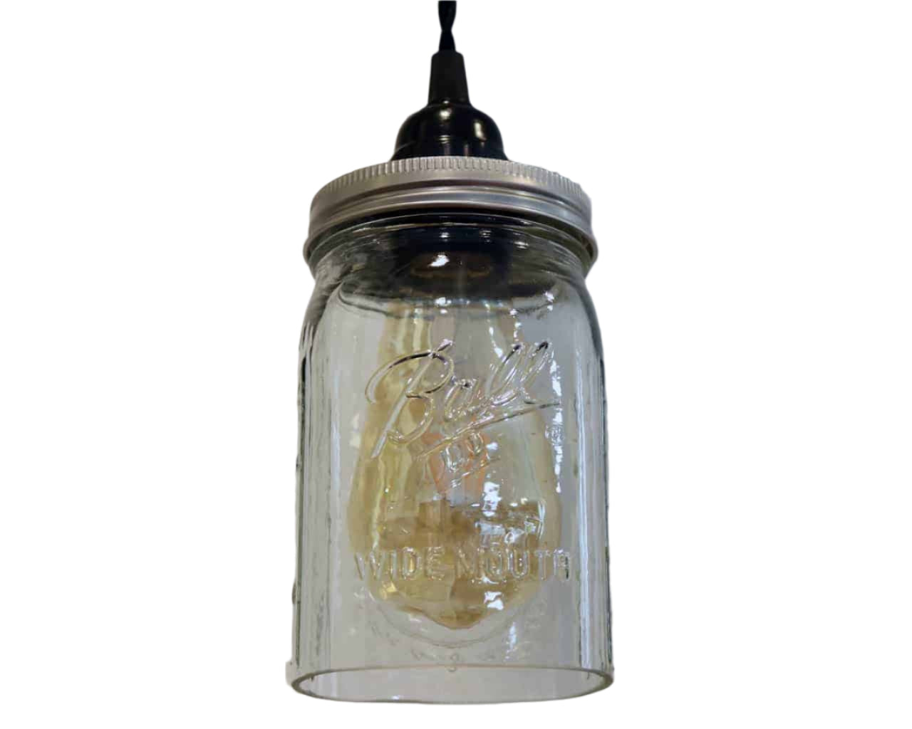 Ball wide mouth quart Mason jar pendant light full kit with hand cut jar, lid, on/off switch, and wall plug - bulb off
