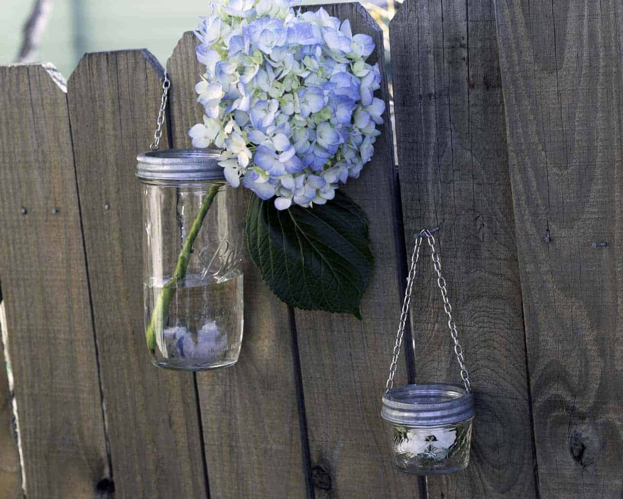 galvanized-metal-band-ring-with-chain-hanging-handle-regular-wide-mouth-mason-jars-flowers-fence
