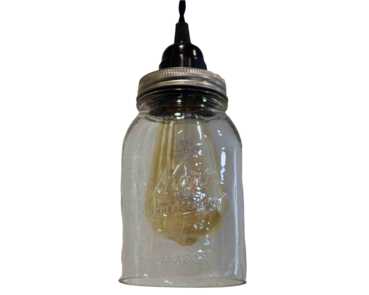 Kerr regular mouth quart Mason jar pendant light full kit with hand cut jar, lid, on/off switch, and wall plug - bulb off