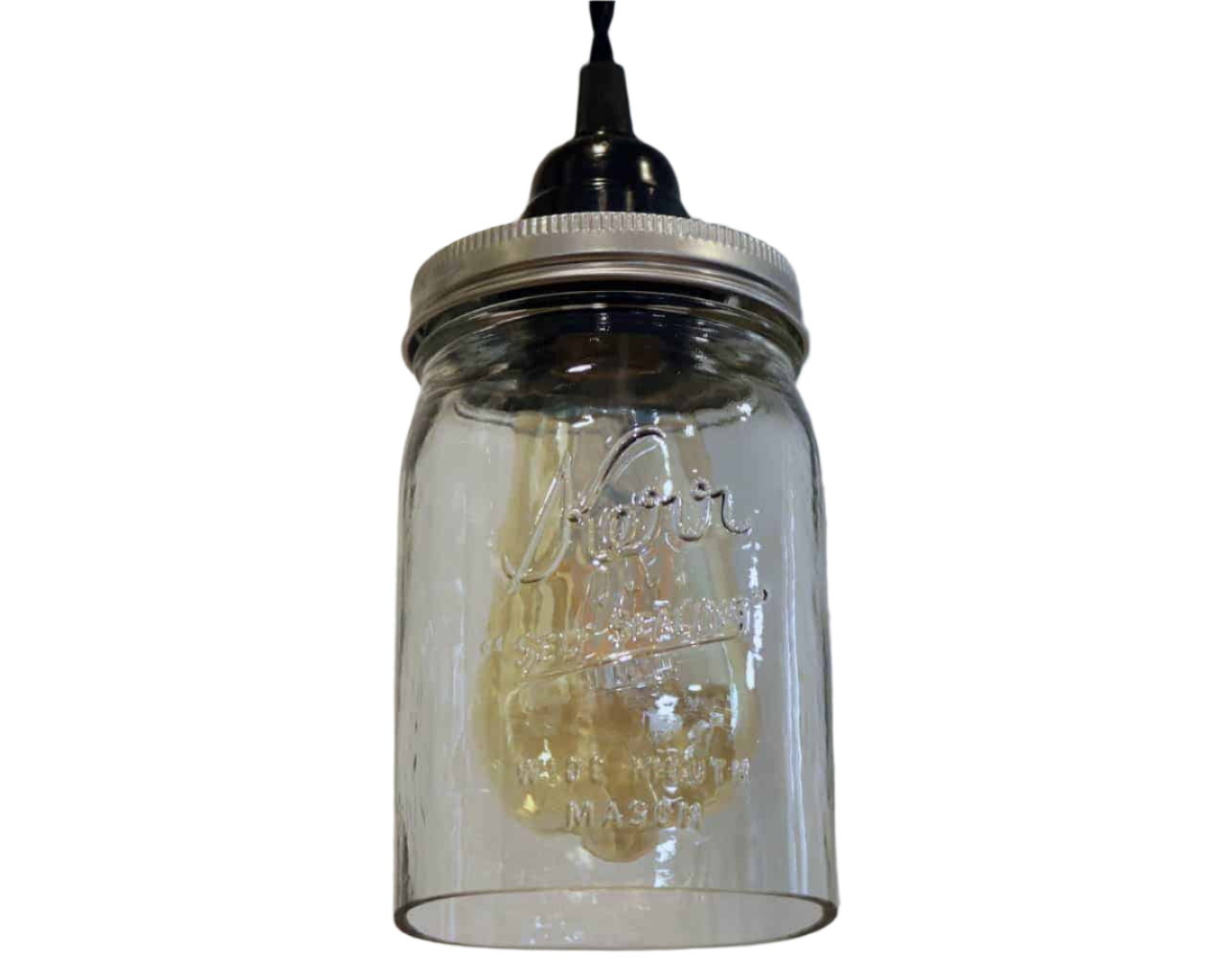 Kerr wide mouth quart Mason jar pendant light full kit with hand cut jar, lid, on/off switch, and wall plug - bulb off