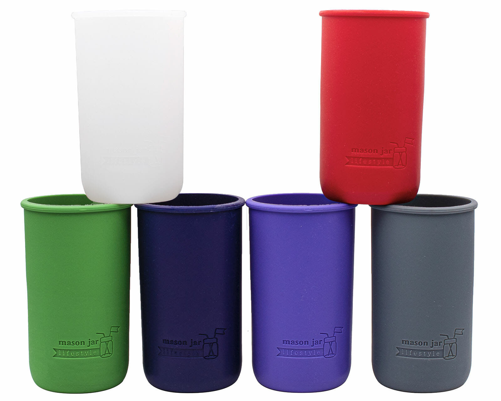 Silicone Sleeves for Wide Mouth 24oz Mason Jars in Frost Cherry Red Leaf Green Midnight Blue Ultra Violet and Charcoal Gray