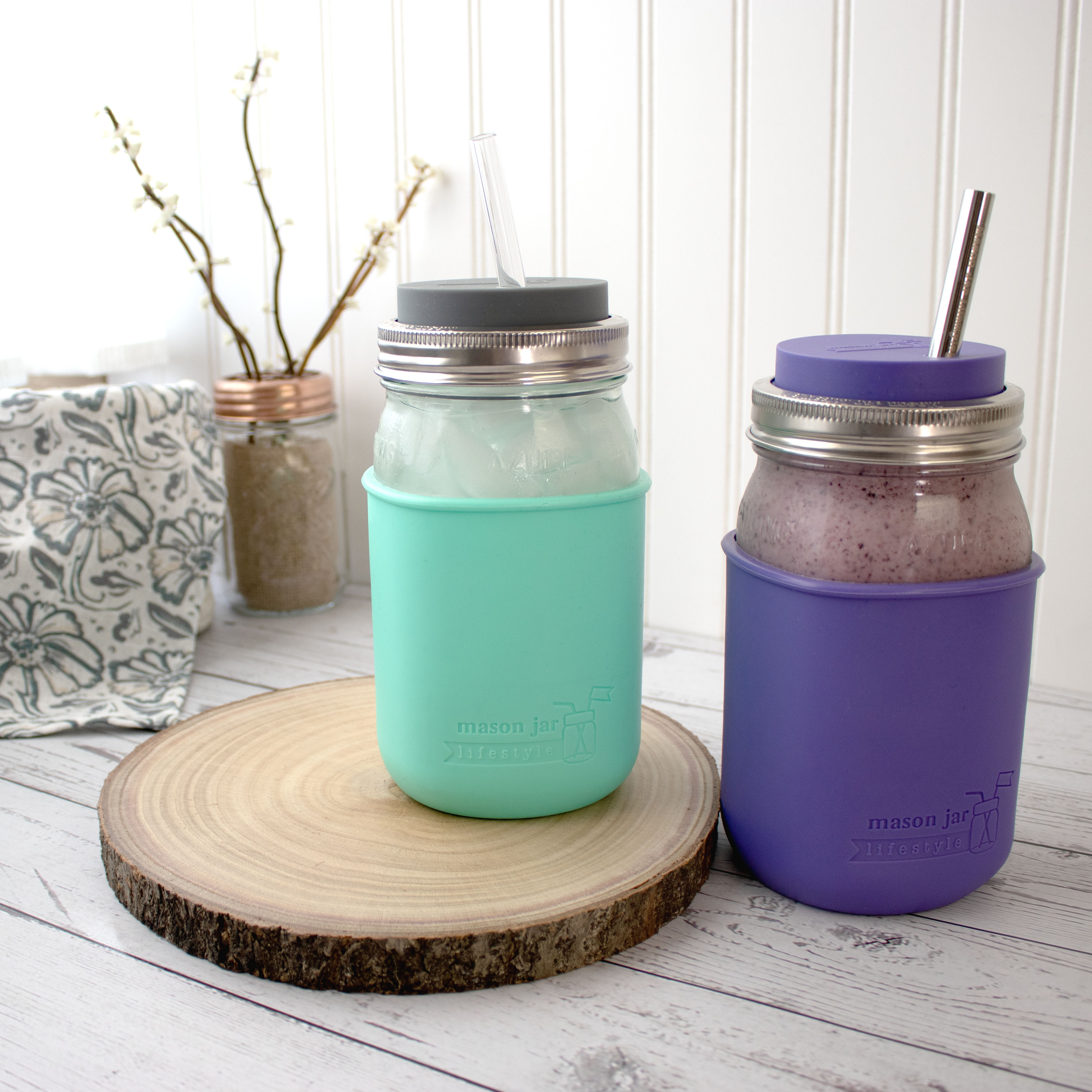 Mason Jar Lifestyle Smoothie 32oz Quart Glass Water Bottle with Silicone Sleeve & Straw Hole Lid