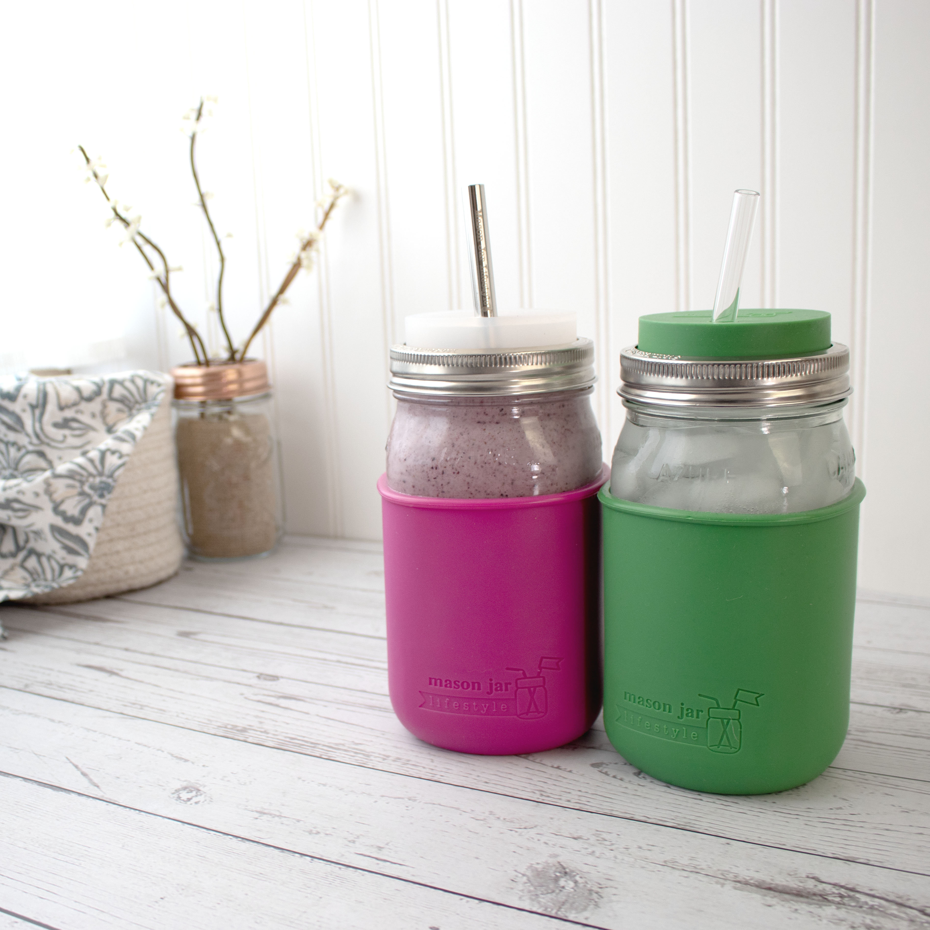 Mason Jar Lifestyle Smoothie 32oz Quart Glass Water Bottle with Silicone Sleeve & Straw Hole Lid