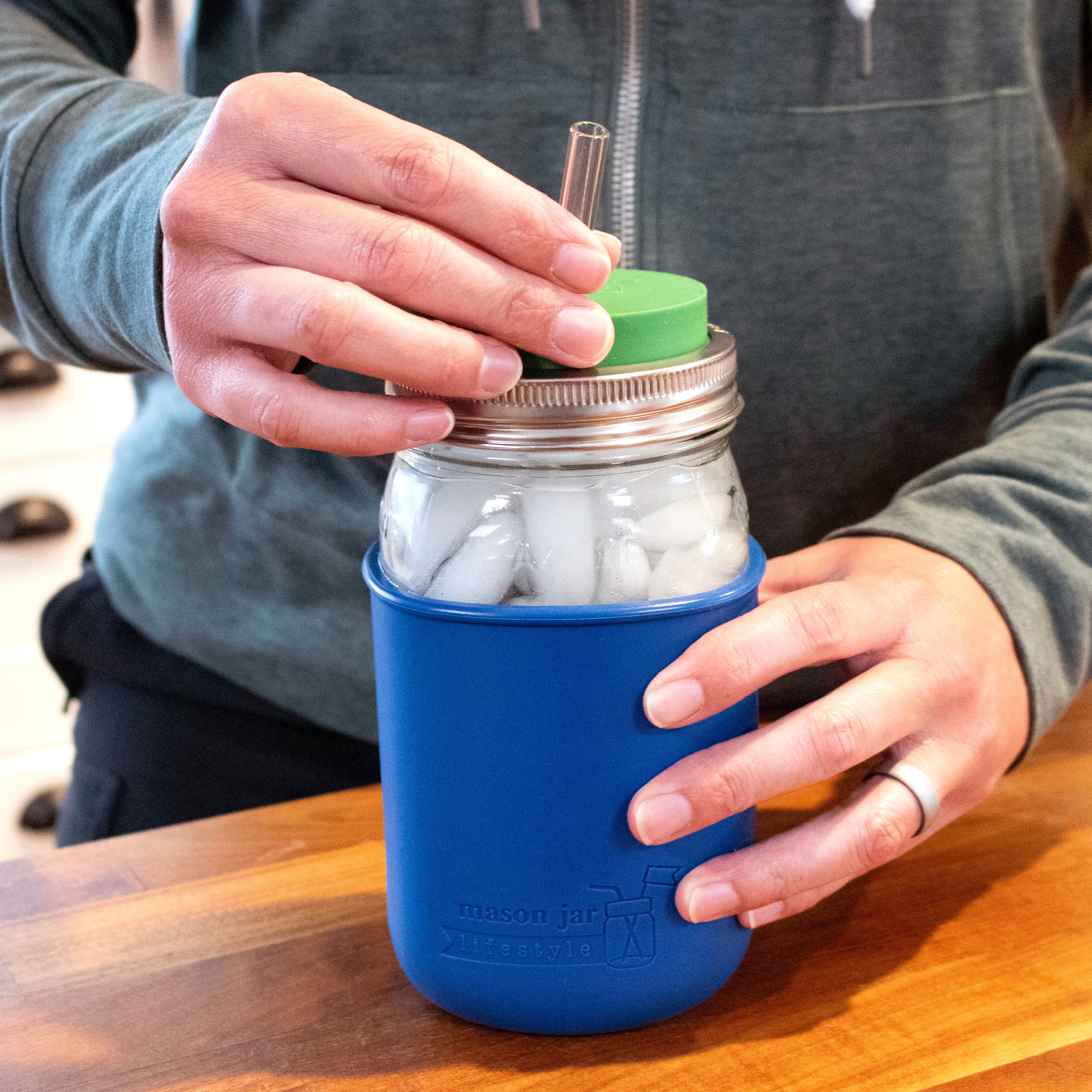 Mason Jar Lifestyle Smoothie 32oz Quart Glass Water Bottle with Silicone Sleeve & Straw Hole Lid