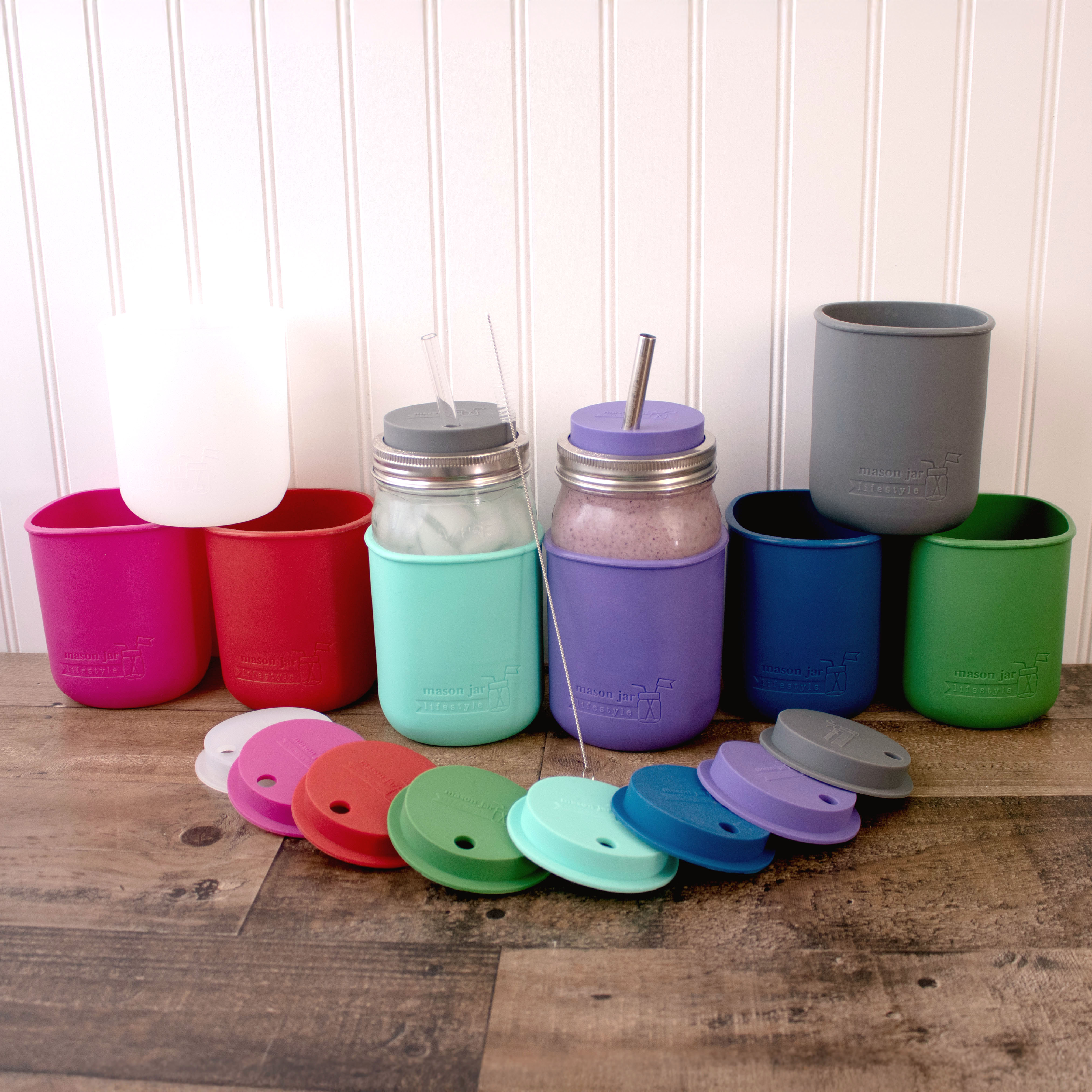 Mason Jar Lifestyle Smoothie 32oz Quart Glass Water Bottle with Silicone Sleeve & Straw Hole Lid