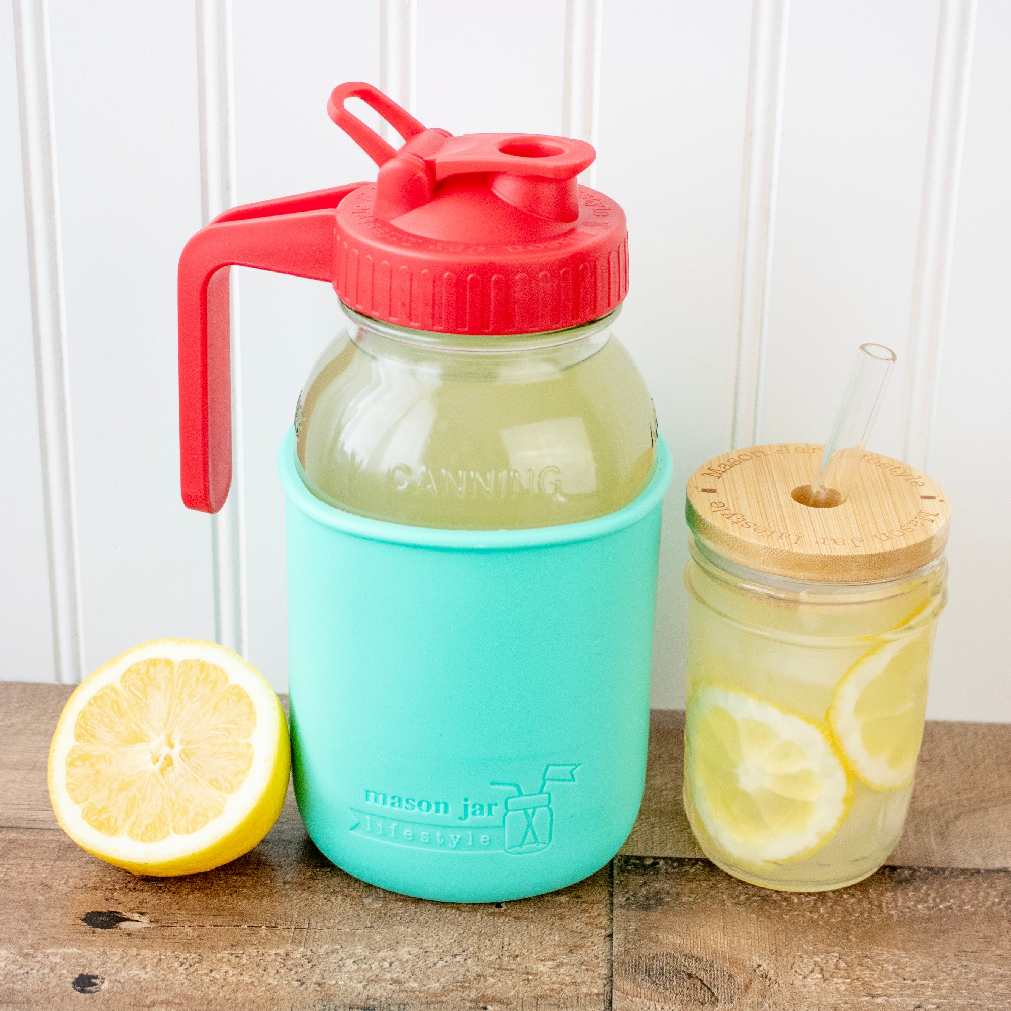 Mason Jar Lifestyle 32oz Quart Glass Pitcher Set with Silicone Sleeve