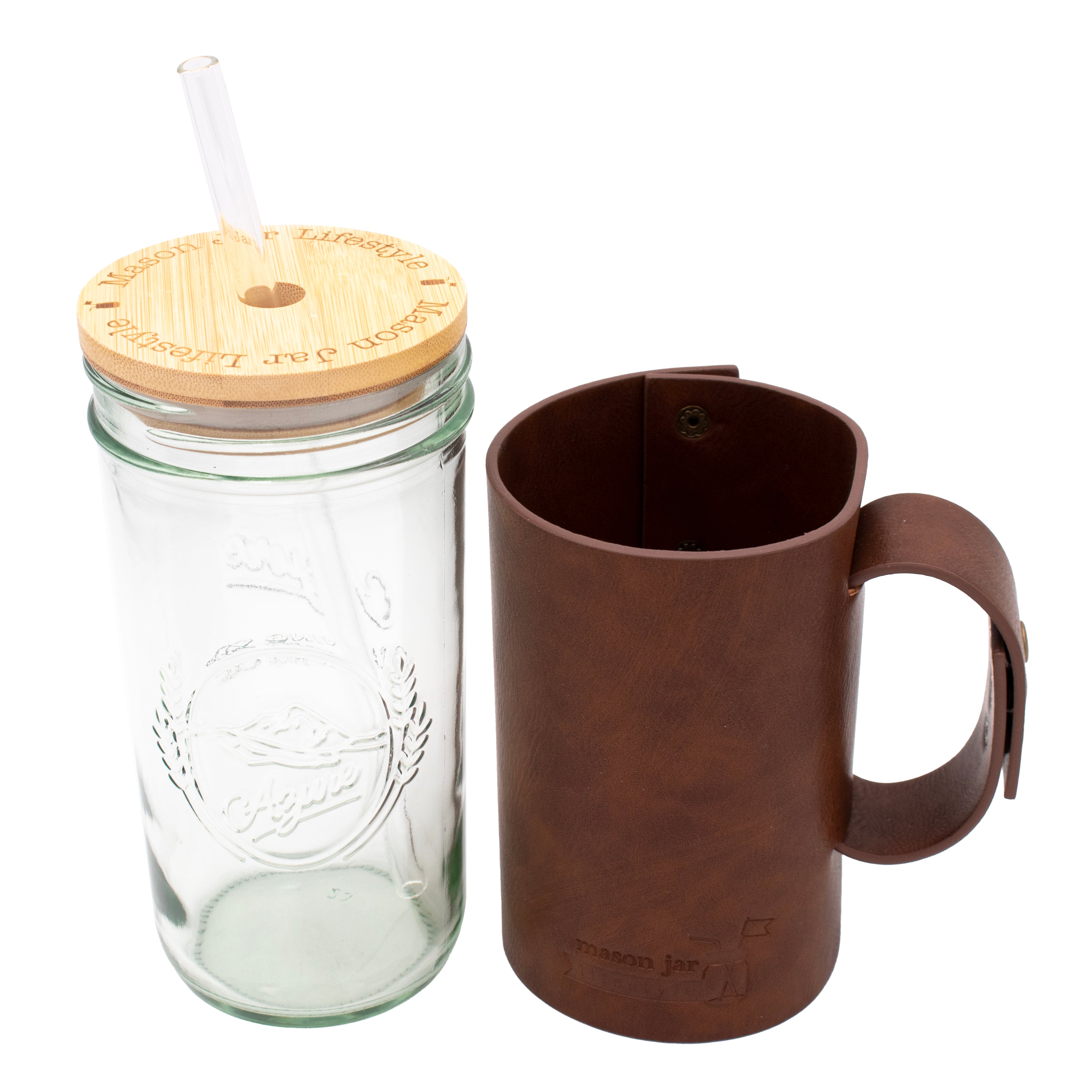 Mason Jar Lifestyle 24oz Pint & Half Glass Water Bottle Travel Tumbler with Faux Leather Sleeve & Bamboo Straw Lid