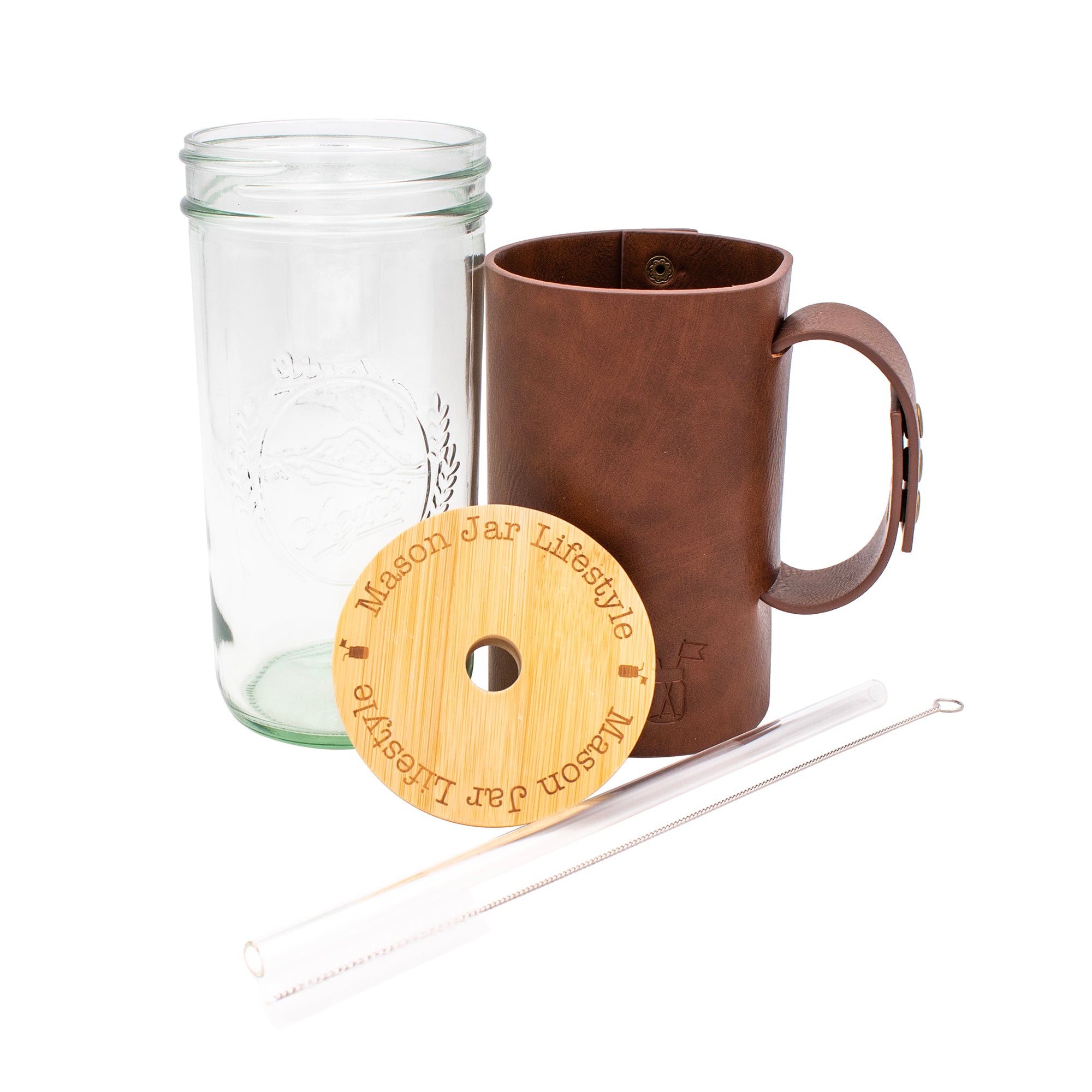 Mason Jar Lifestyle 24oz Pint & Half Glass Water Bottle Travel Tumbler with Faux Leather Sleeve & Bamboo Straw Lid