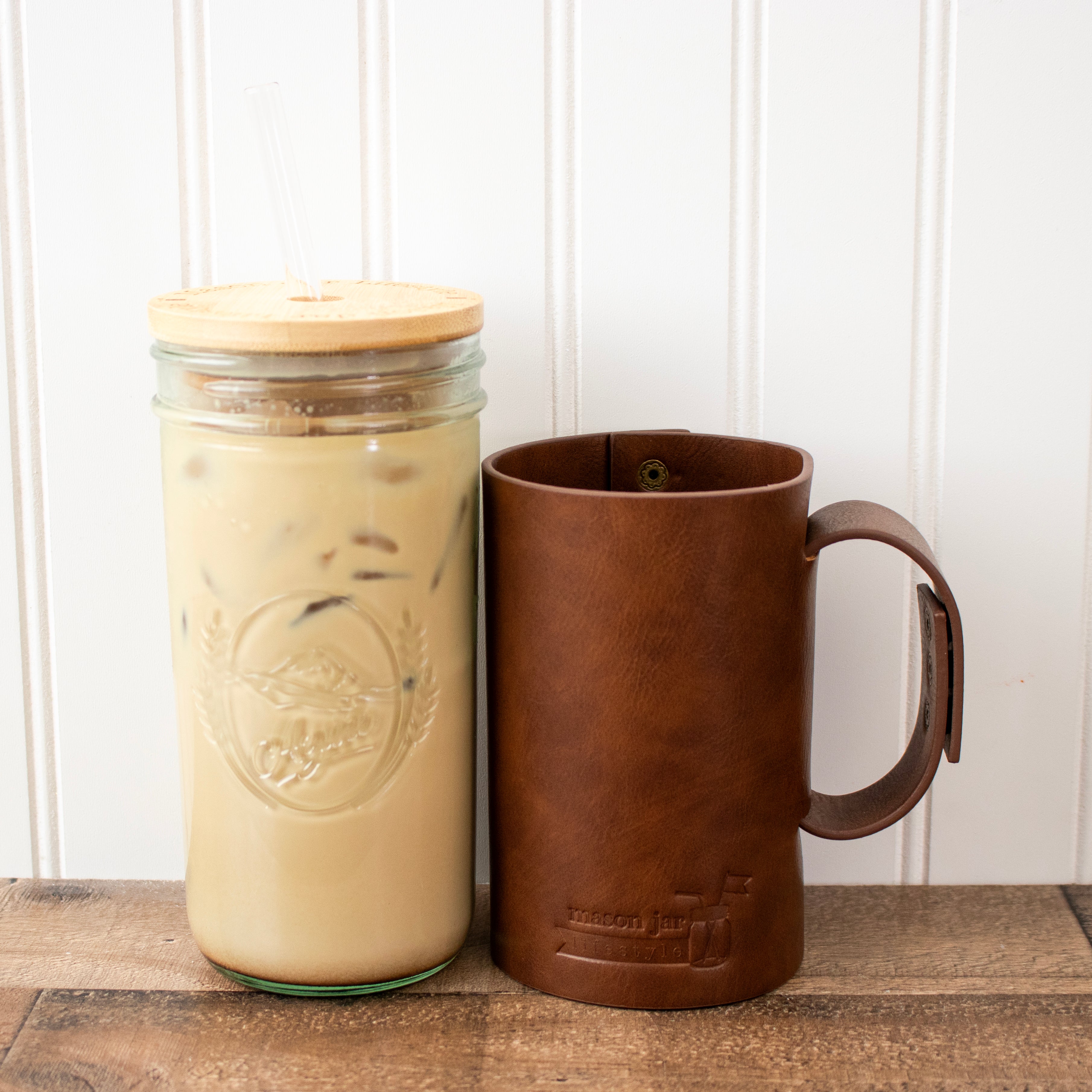 Mason Jar Lifestyle 24oz Pint & Half Glass Water Bottle Travel Tumbler with Faux Leather Sleeve & Bamboo Straw Lid