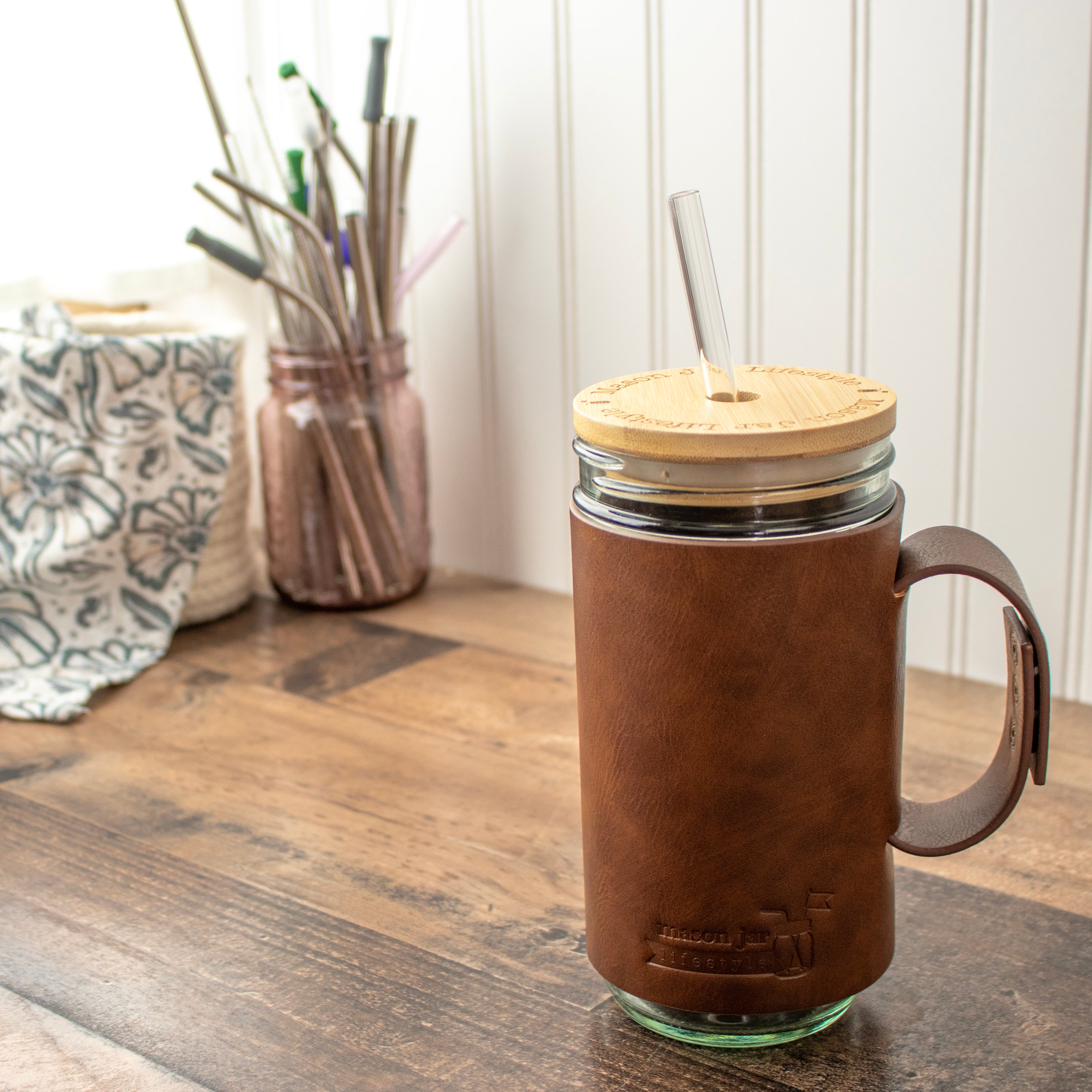 Mason Jar Lifestyle 24oz Pint & Half Glass Water Bottle Travel Tumbler with Faux Leather Sleeve & Bamboo Straw Lid