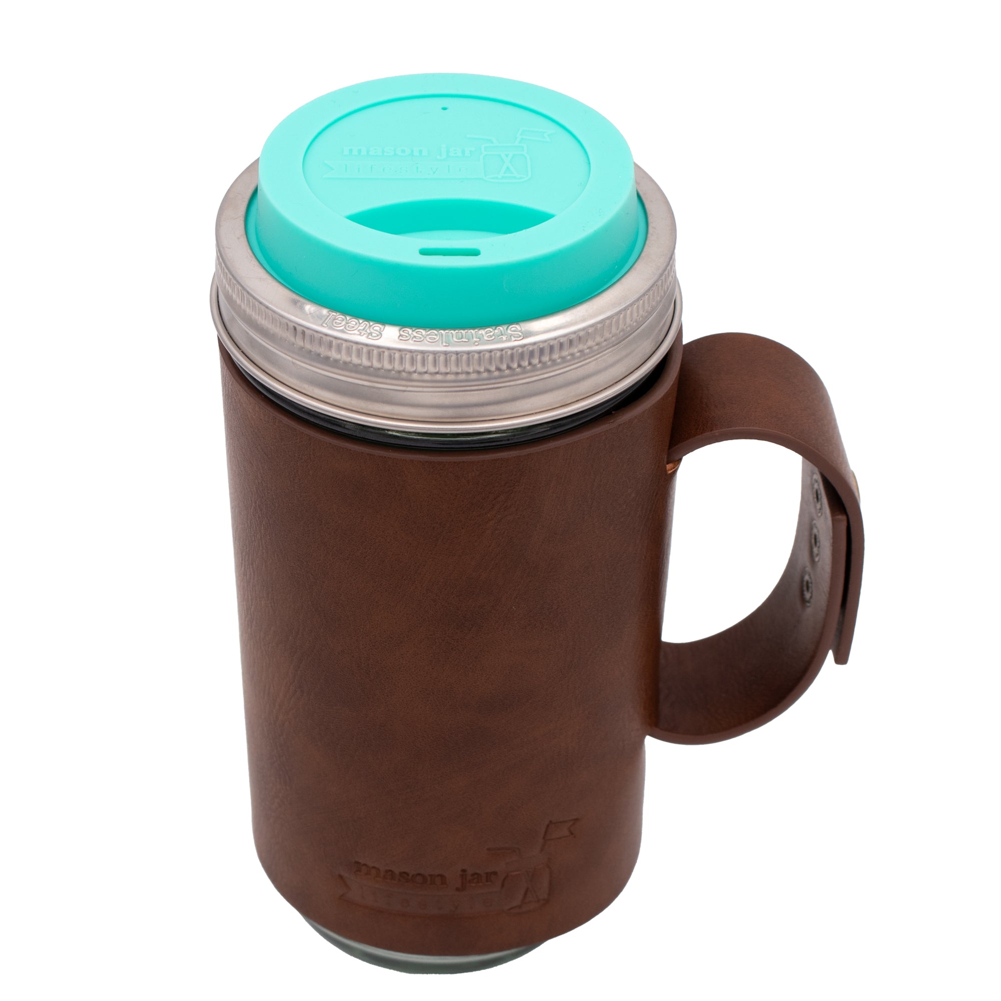 Mason Jar Lifestyle 24oz Pint & Half Glass Water Bottle Travel Tumbler with Faux Leather Sleeve & Drinking Lid