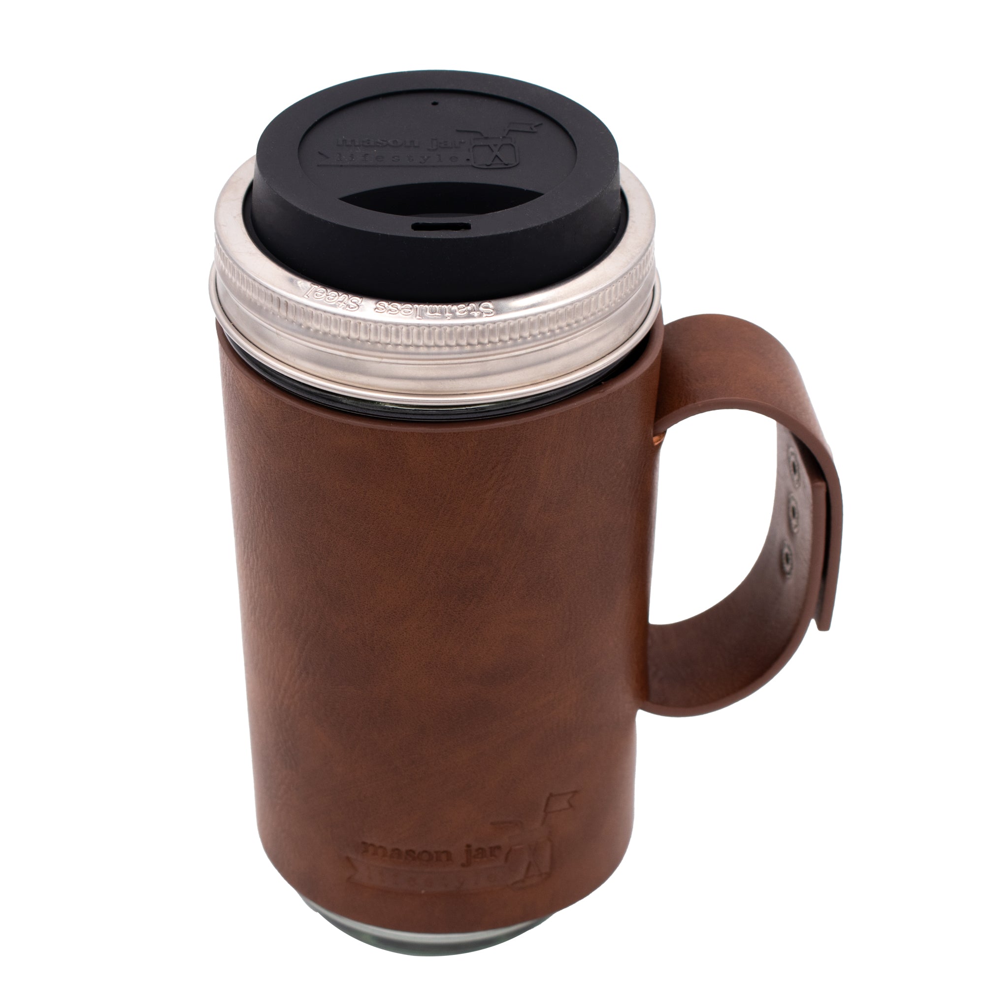 Mason Jar Lifestyle 24oz Pint & Half Glass Water Bottle Travel Tumbler with Faux Leather Sleeve & Drinking Lid