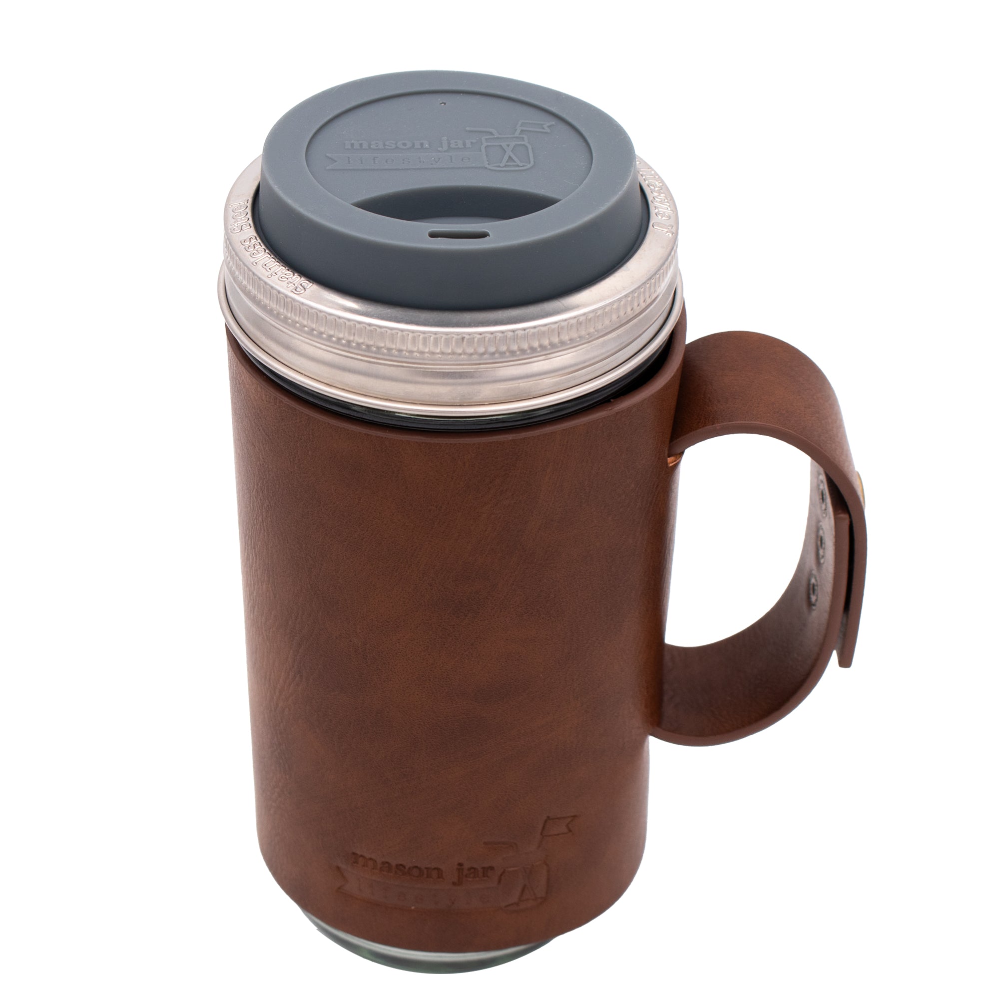 Mason Jar Lifestyle 24oz Pint & Half Glass Water Bottle Travel Tumbler with Faux Leather Sleeve & Drinking Lid