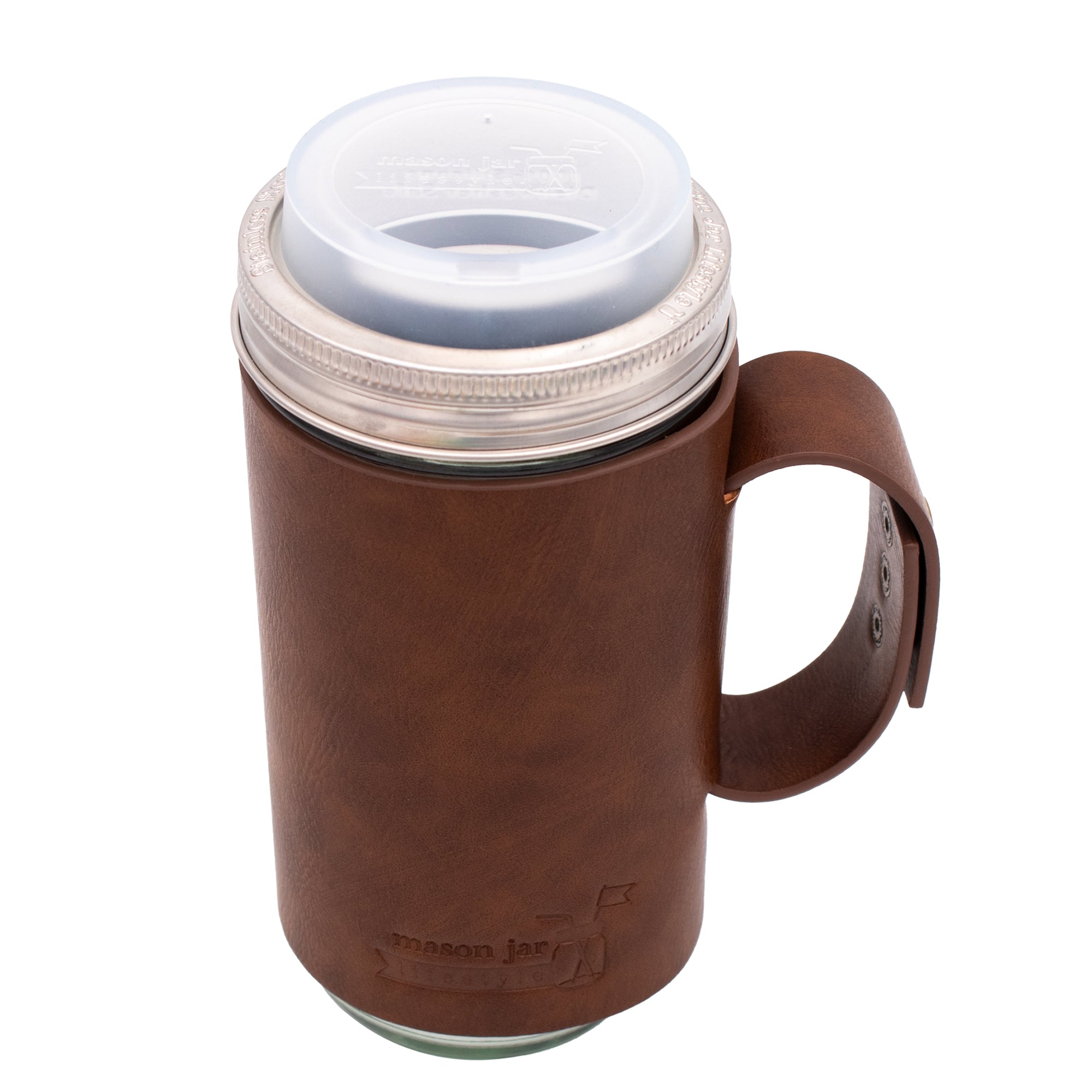 Mason Jar Lifestyle 24oz Pint & Half Glass Water Bottle Travel Tumbler with Faux Leather Sleeve & Drinking Lid