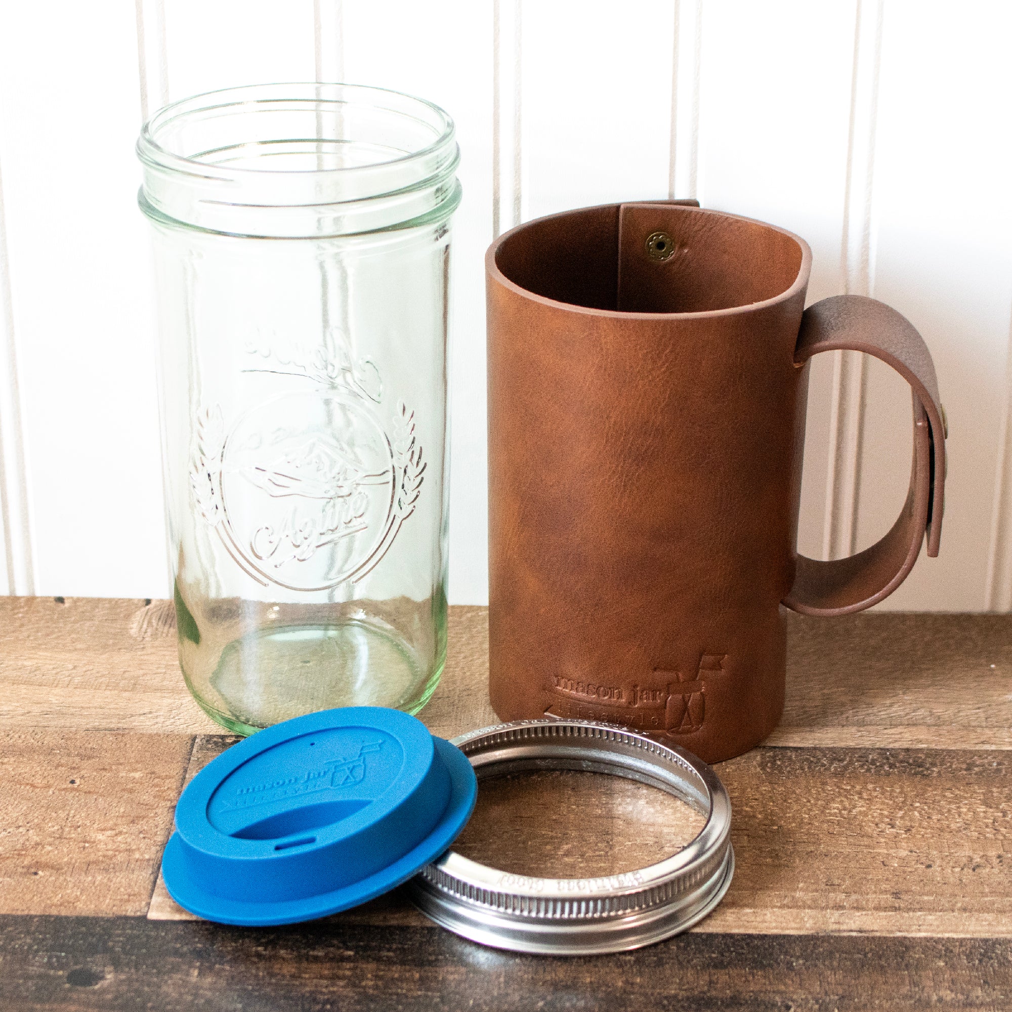 Mason Jar Lifestyle 24oz Pint & Half Glass Water Bottle Travel Tumbler with Faux Leather Sleeve & Drinking Lid