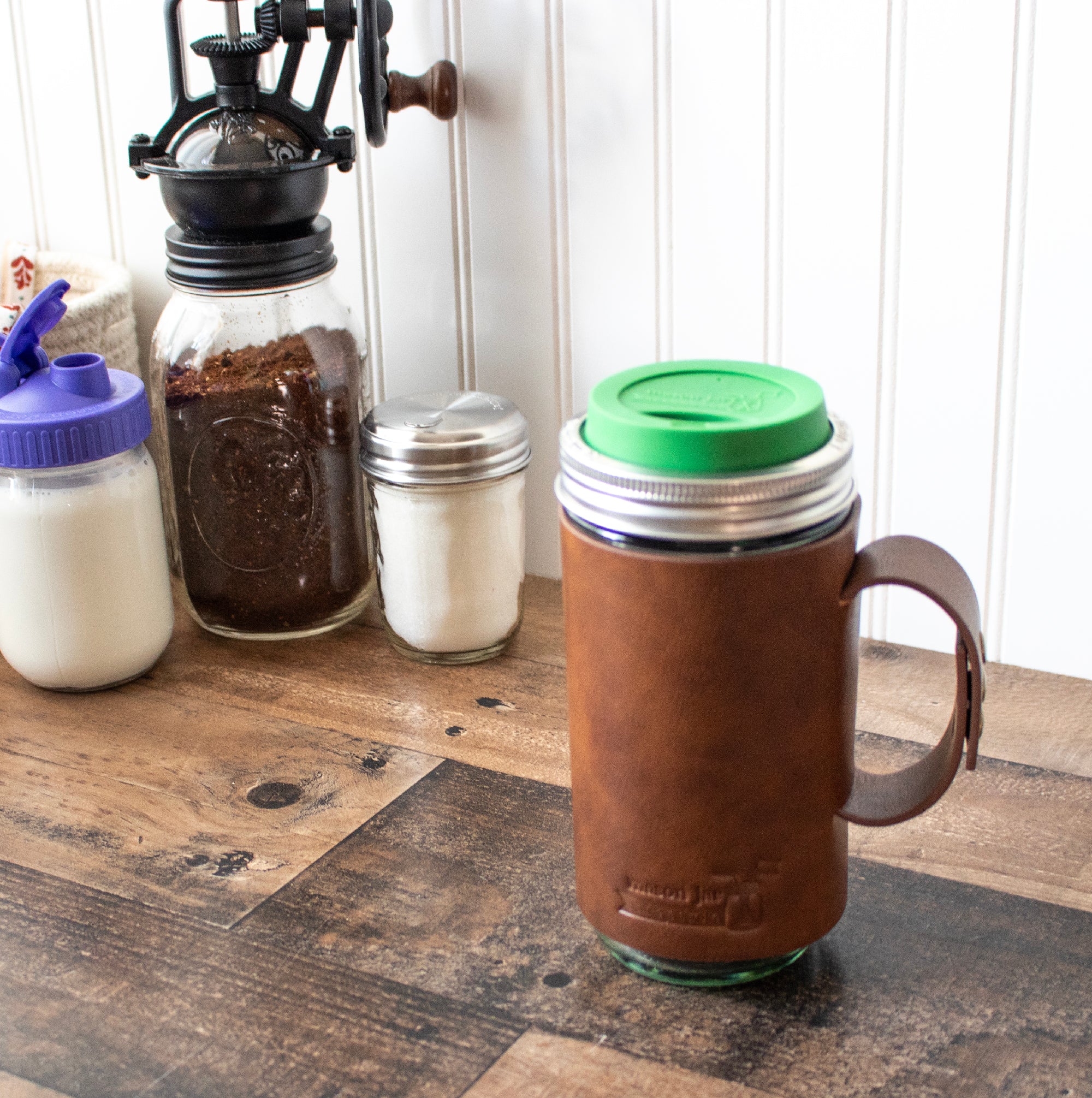 Mason Jar Lifestyle 24oz Pint & Half Glass Water Bottle Travel Tumbler with Faux Leather Sleeve & Drinking Lid