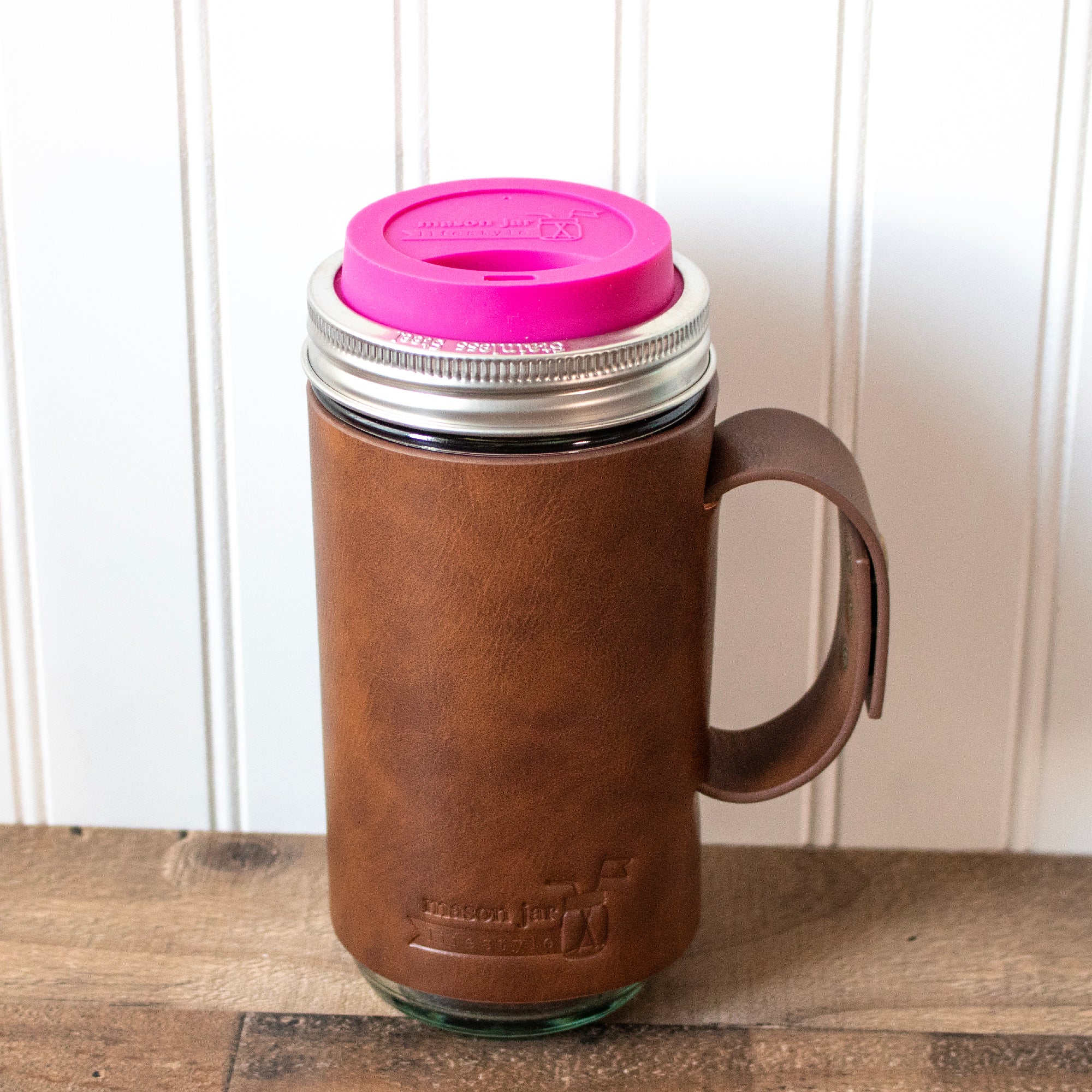 Mason Jar Lifestyle 24oz Pint & Half Glass Water Bottle Travel Tumbler with Faux Leather Sleeve & Drinking Lid