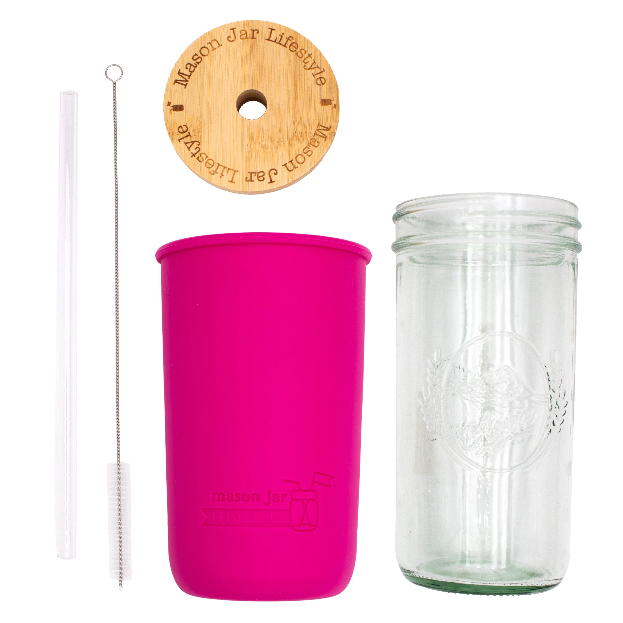 Mason Jar Lifestyle 24oz Pint & Half Glass Water Bottle Travel Tumbler with Silicone Sleeve & Bamboo Straw Lid
