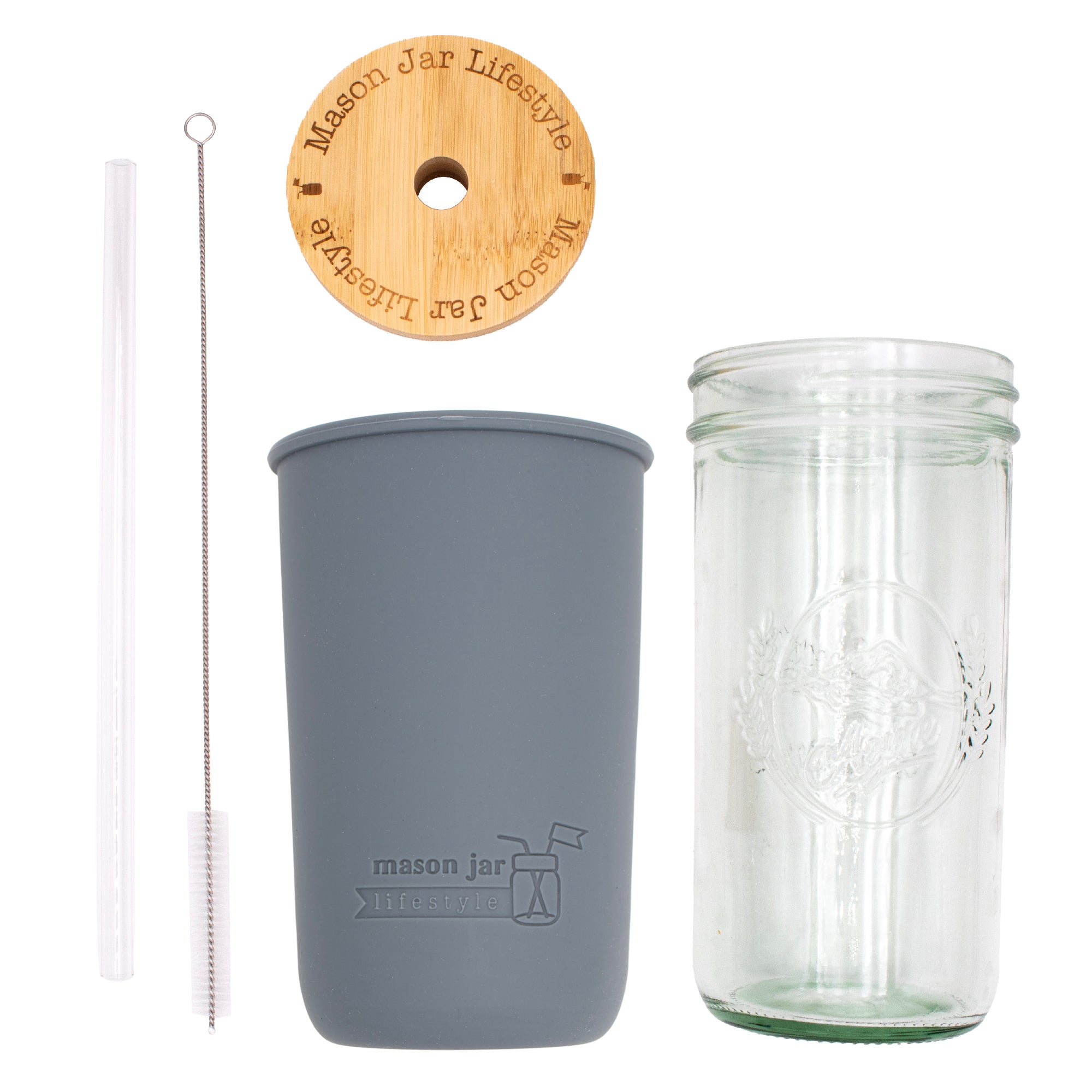 Mason Jar Lifestyle 24oz Pint & Half Glass Water Bottle Travel Tumbler with Silicone Sleeve & Bamboo Straw Lid