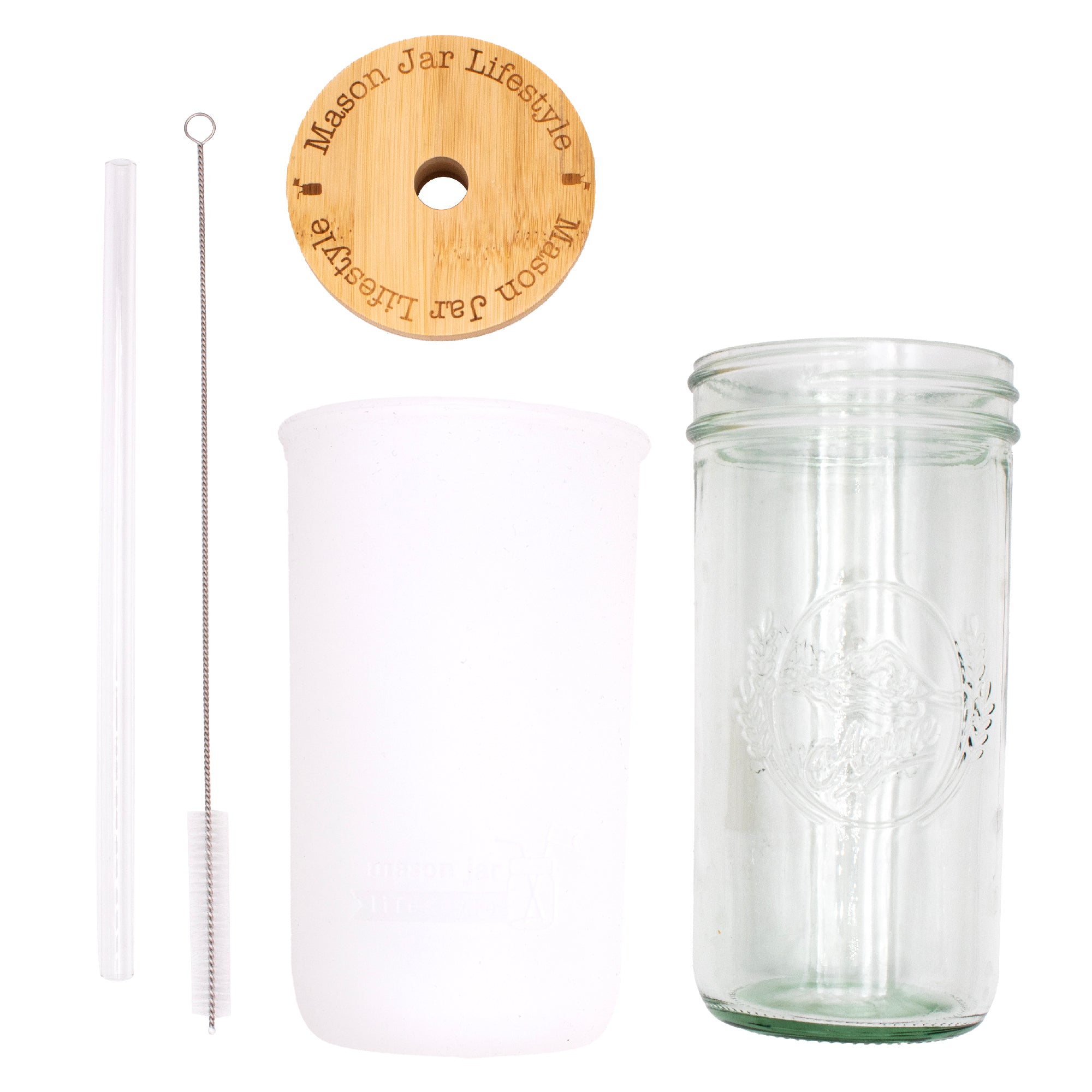 Mason Jar Lifestyle 24oz Pint & Half Glass Water Bottle Travel Tumbler with Silicone Sleeve & Bamboo Straw Lid