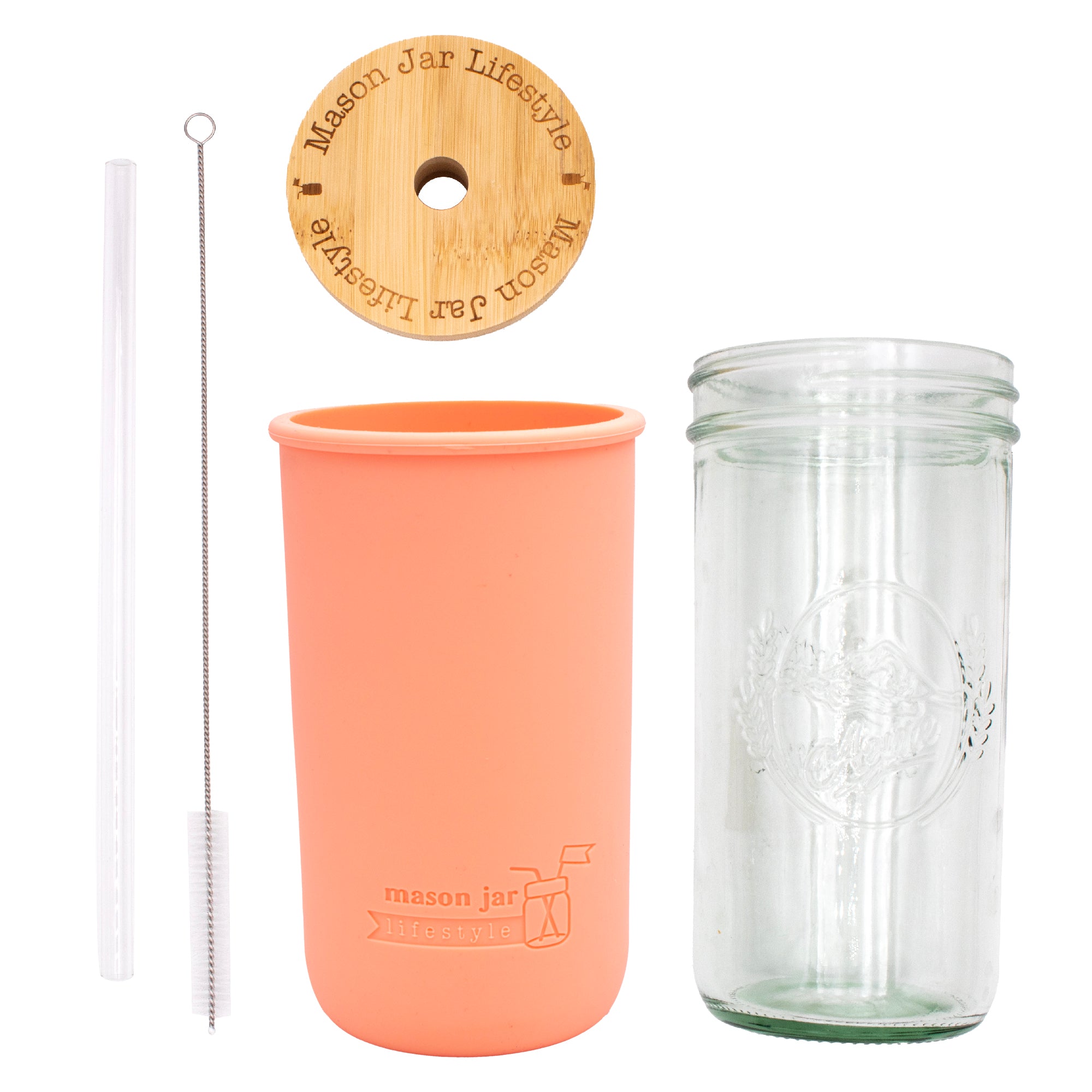 Mason Jar Lifestyle 24oz Pint & Half Glass Water Bottle Travel Tumbler with Silicone Sleeve & Bamboo Straw Lid