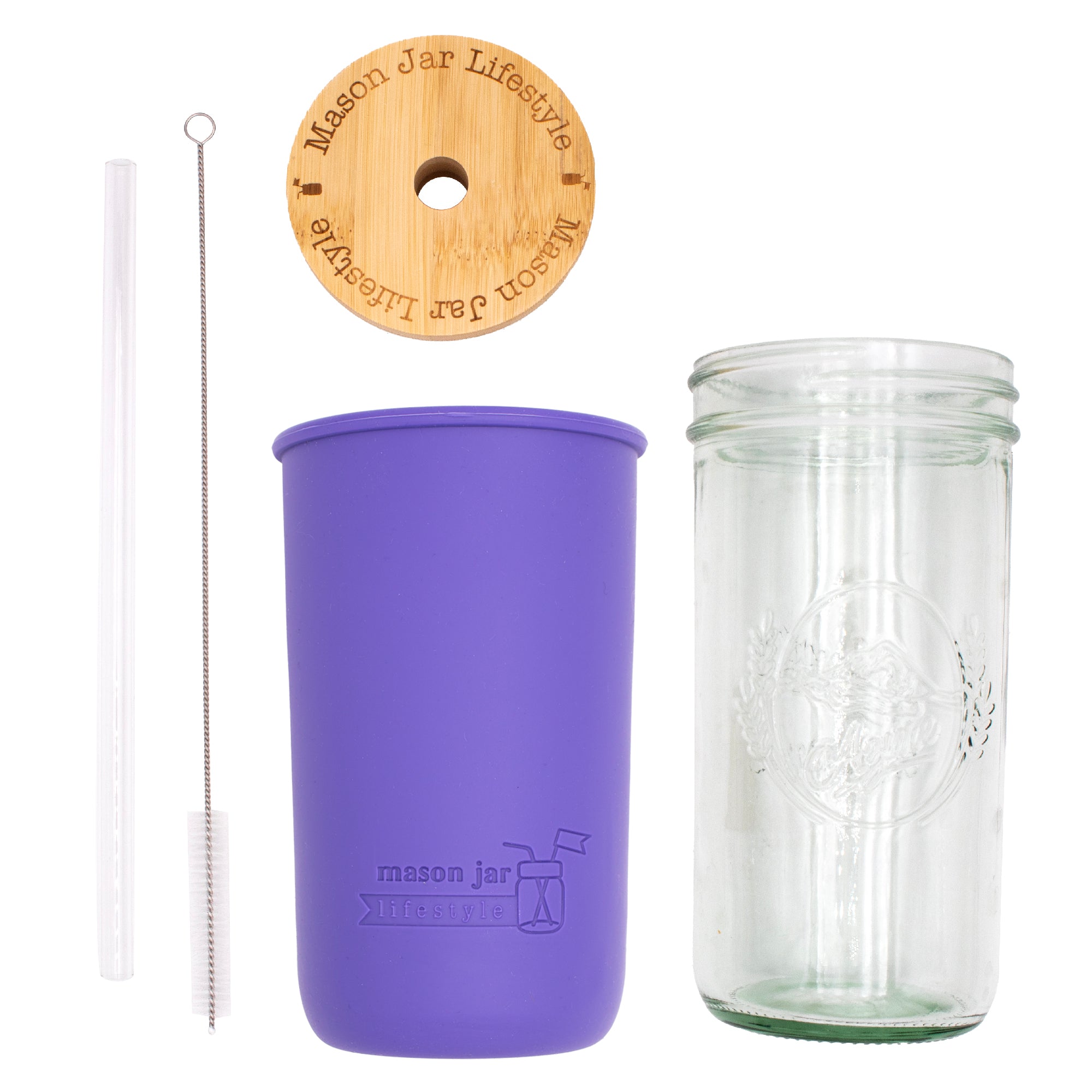 Mason Jar Lifestyle 24oz Pint & Half Glass Water Bottle Travel Tumbler with Silicone Sleeve & Bamboo Straw Lid