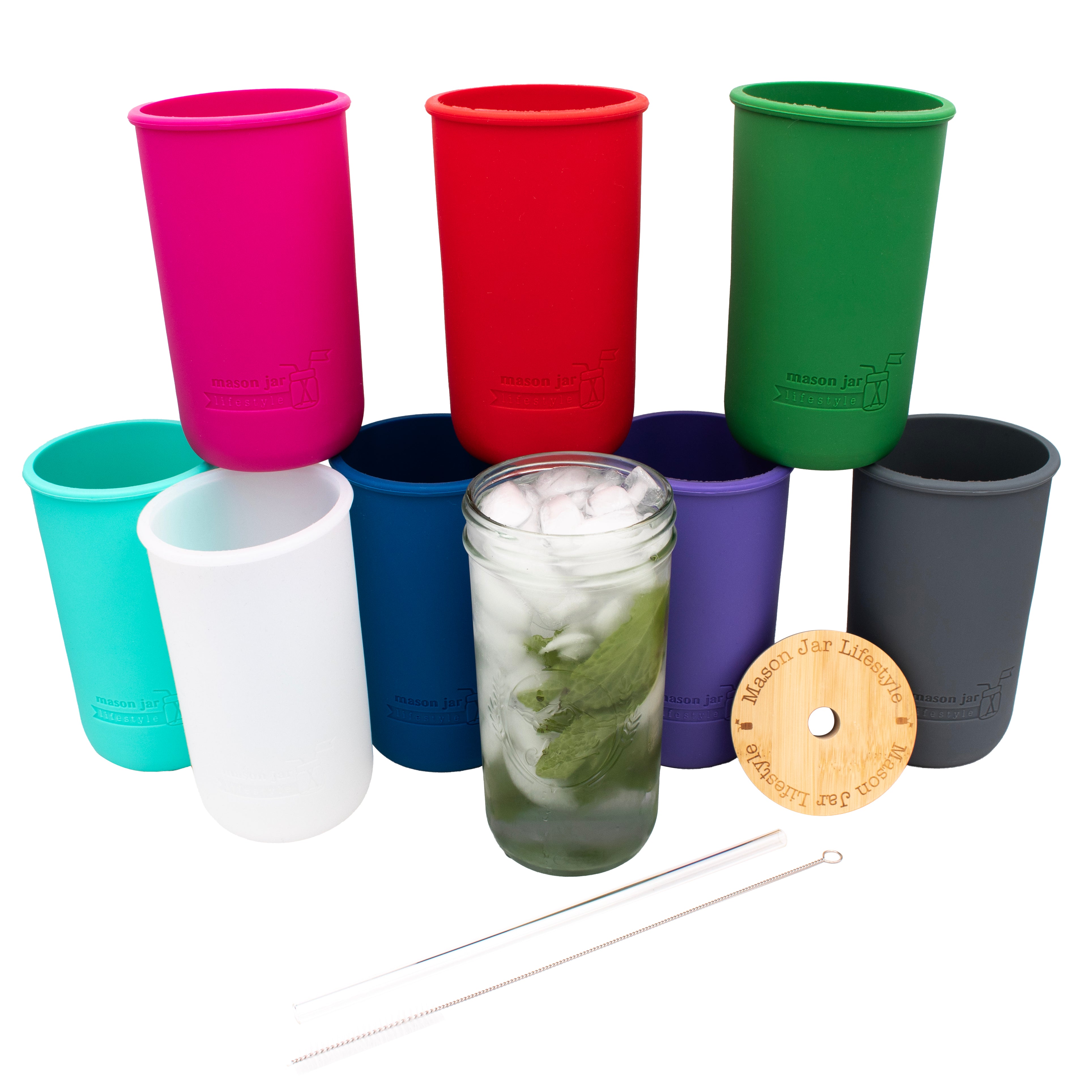 Mason Jar Lifestyle 24oz Pint & Half Glass Water Bottle Travel Tumbler with Silicone Sleeve & Bamboo Straw Lid