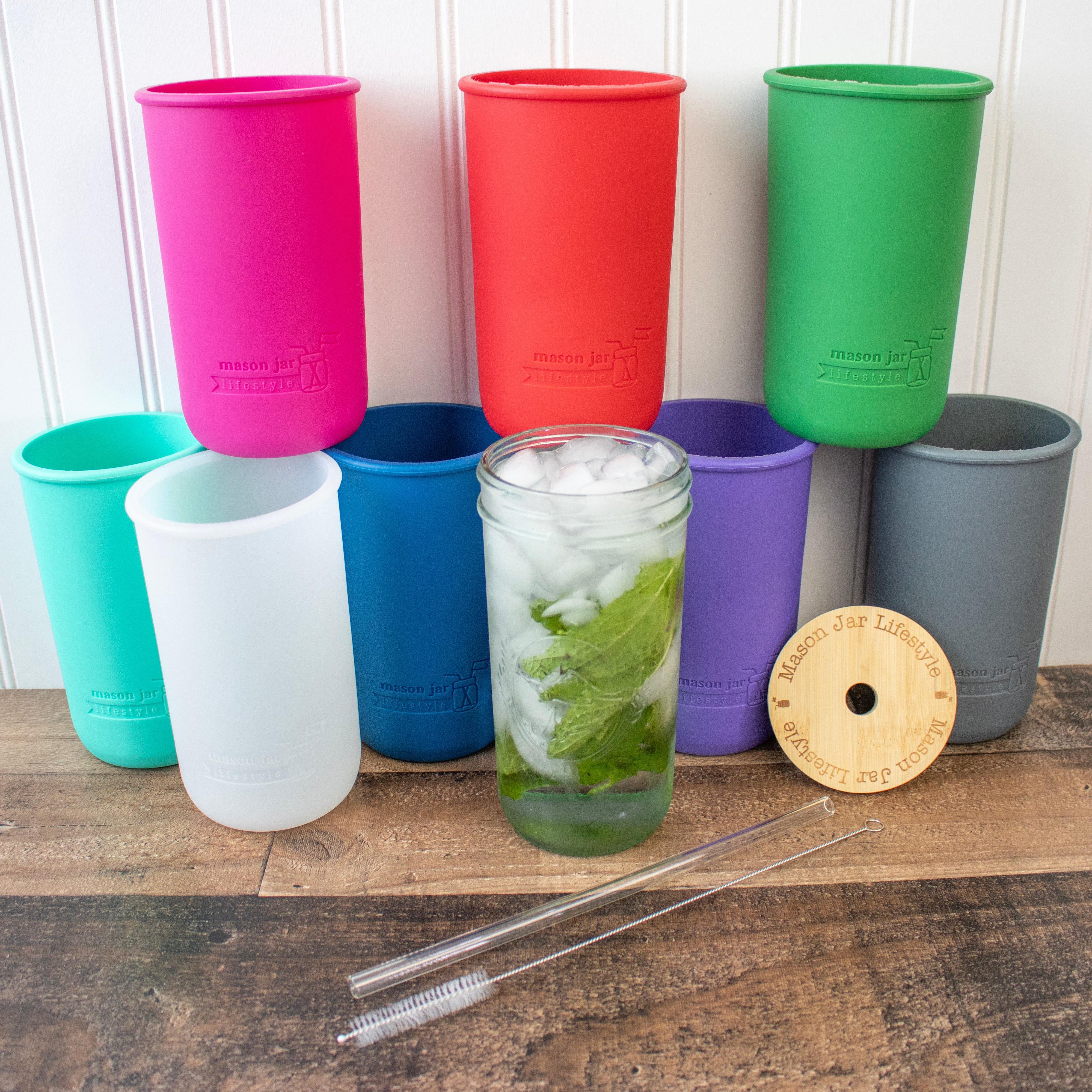 Mason Jar Lifestyle 24oz Pint & Half Glass Water Bottle Travel Tumbler with Silicone Sleeve & Bamboo Straw Lid