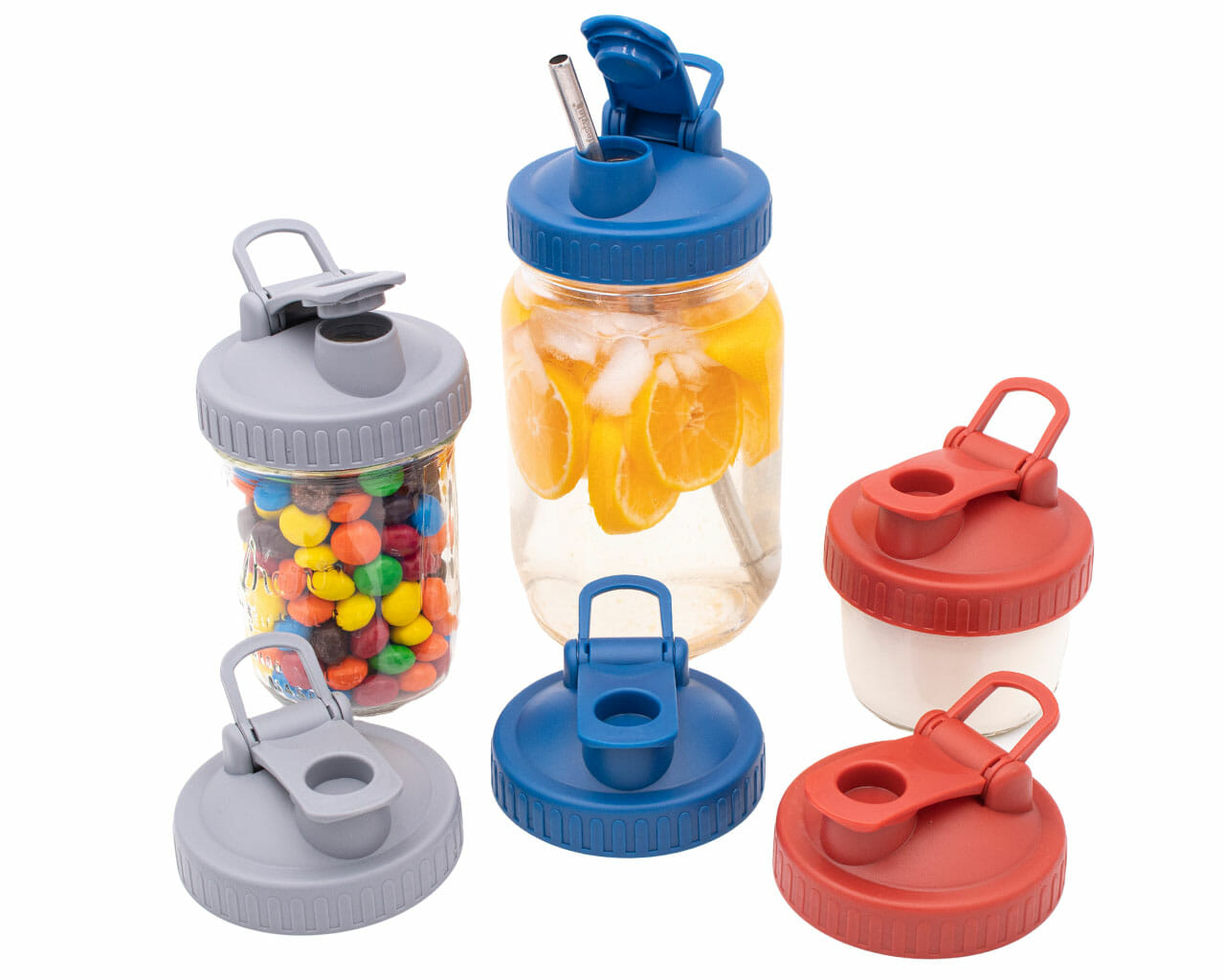 gray deep blue brick red pour and store lid with carry loop for regular and wide mouth mason jars
