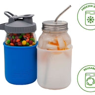 Quart 32 oz Ball and Kerr regular and wide mouth Mason jars with silicone sleeve / jacket which are freezer safe and reusable.