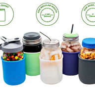 Quart 32 oz Ball and Kerr regular and wide mouth Mason jars with silicone sleeve / jacket in blue, mint green, frost clear, purple, and gray.