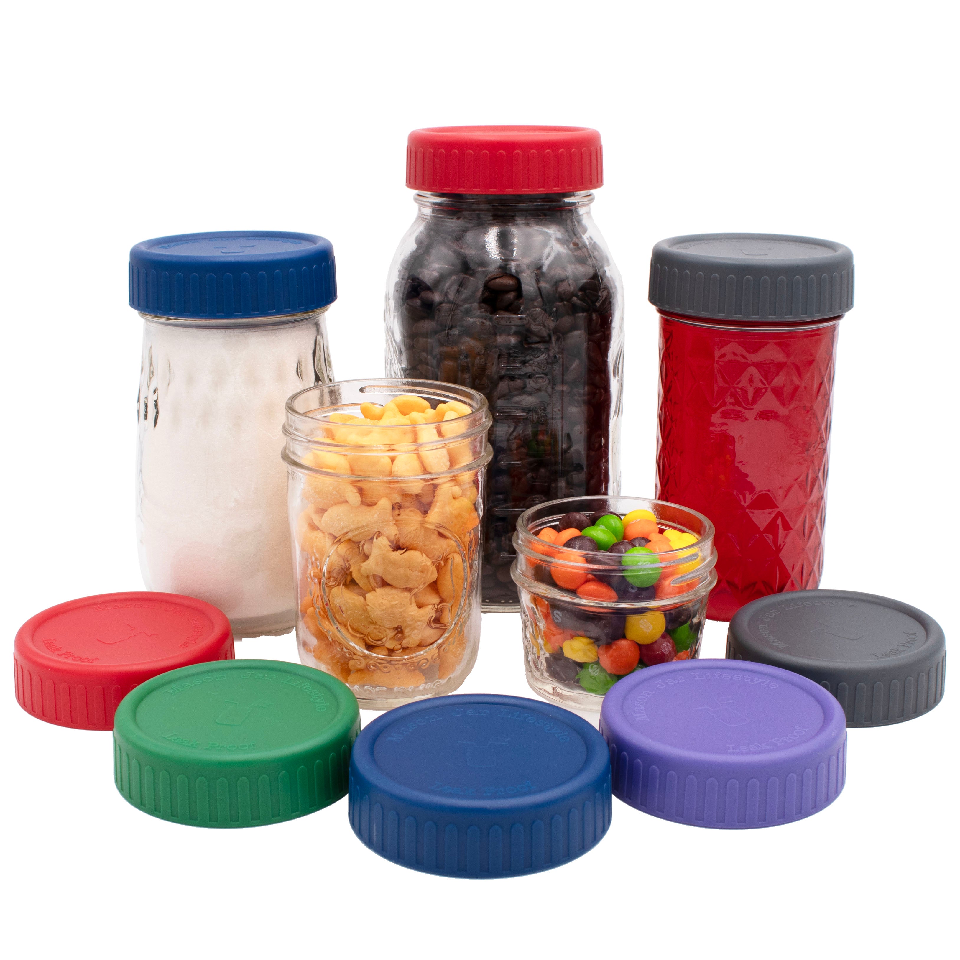 Mason jar plastic storage lids on Mason jars, snacks like goldfish, skittles, etc, on regular mouth Mason jars of a bunch of sizes.
