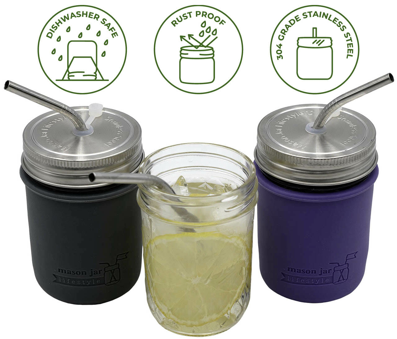 mason-jar-lifestyle-rust-proof-stainless-steel-straw-hole-lids-regular-mouth-mason-jars-silicone-grommet-short-thin-bent-straws-silicone-sleeves-koozies-icons