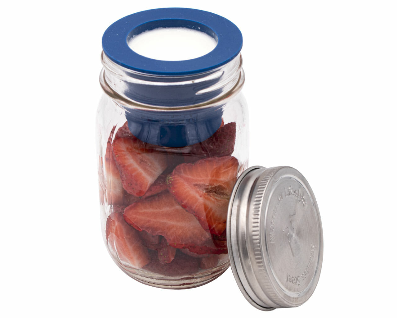 deep blue silicone divider cup insert for regular mouth mason jars with leak proof stainless steel storage lid