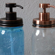 Vintage copper and oil rubbed bronze soap pump dispenser lid kits on regular mouth Ball Mason jars