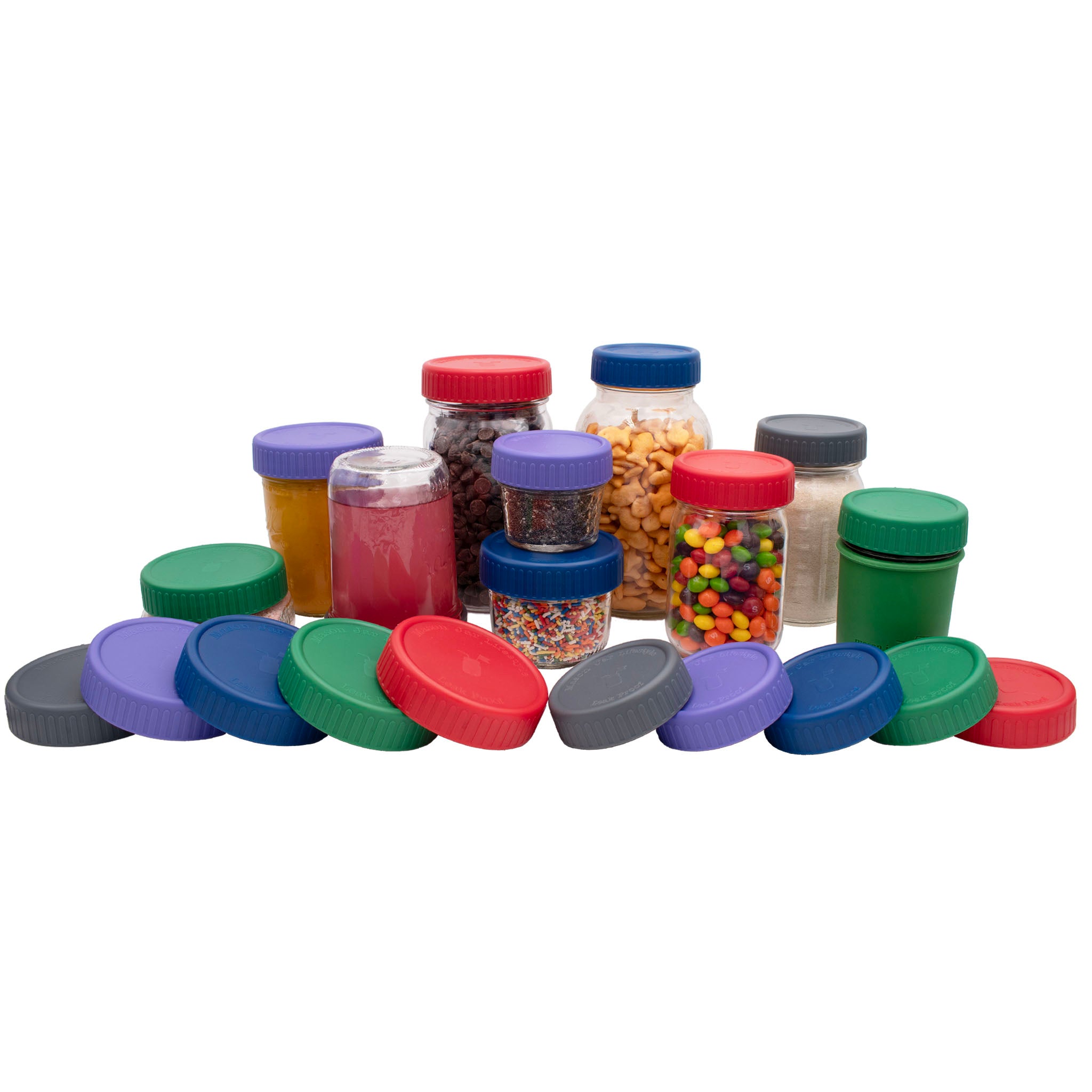 Plastic lids for Mason jars in charcoal gray, cherry red, leaf green, deep blue, and ultra violet colors for both regular and wide mouth Mason jars.