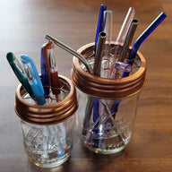 Shiny copper frog / flower / desk / straw organizer lids for regular and wide mouth Mason jars with pens and reusable straws