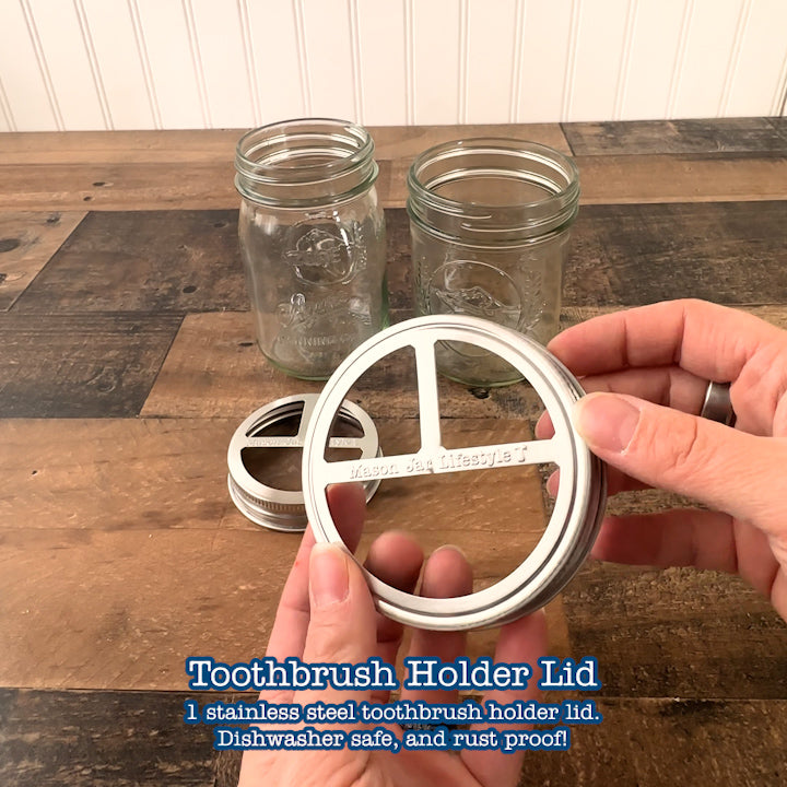 Shows how the toothbrush holder fits toothbrushes and a tube of toothpaste.