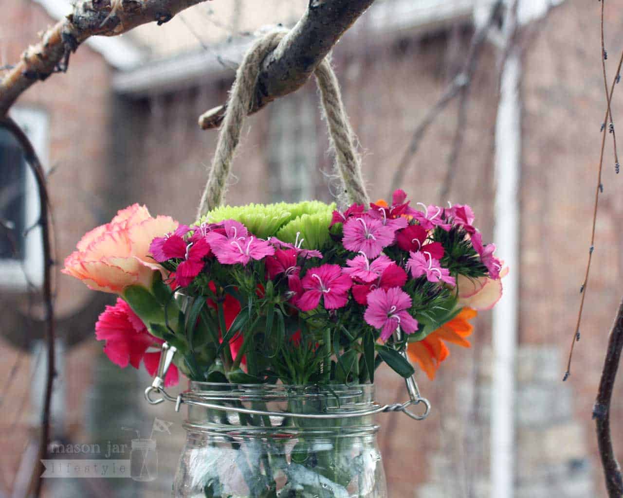 Thin rope handle on wide mouth quart Mason jar with flowers hanging on birch tree