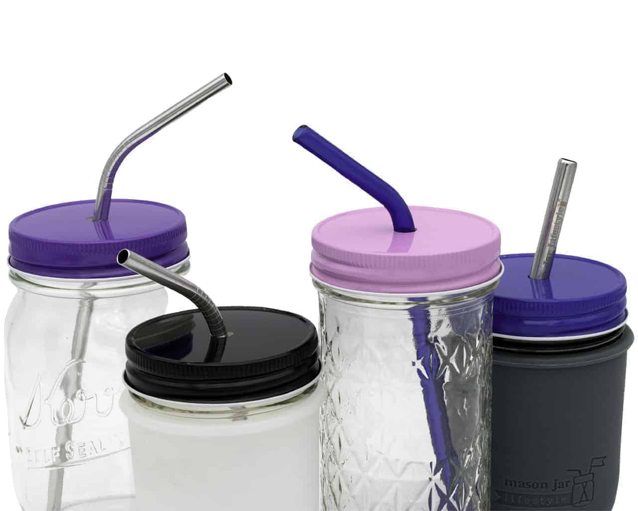 http://masonjarlifestyle.com/cdn/shop/files/solid-color-straw-hole-tumbler-lids-regular-mouth-mason-jars-pink-purple-blue-black-metal-glass-straws-ball-kerr.jpg?v=1695765523