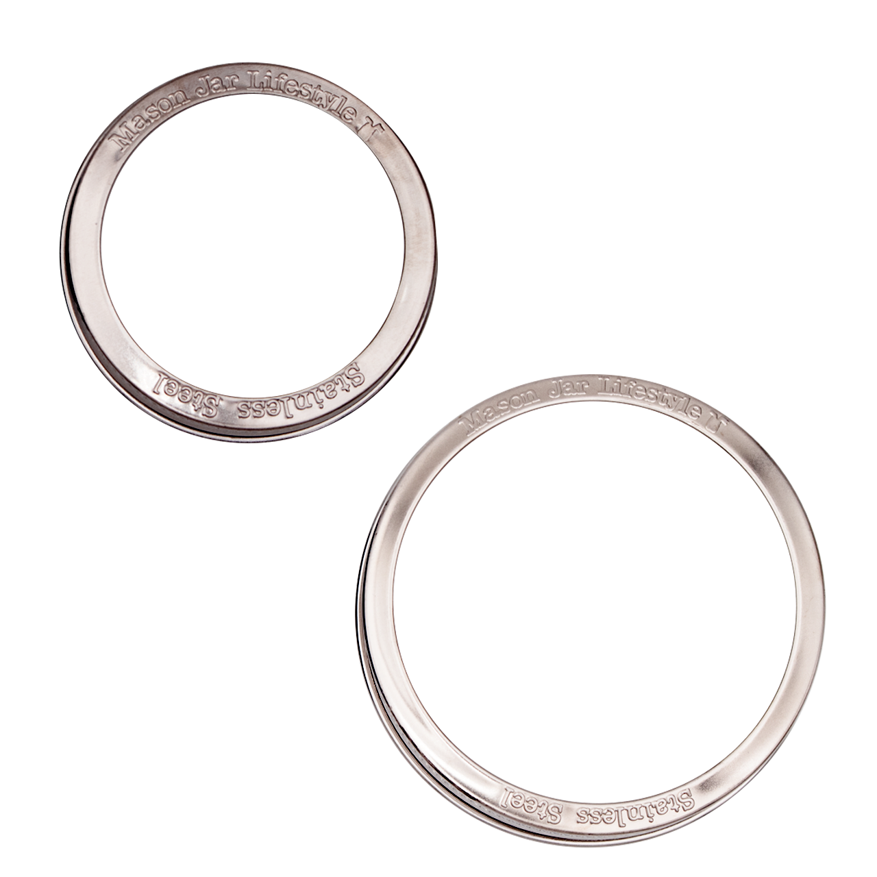Both sizes of band on a white background from above, showing the raised lettering along the edge that says "Stainless Steel" and "Mason Jar Lifestyle".