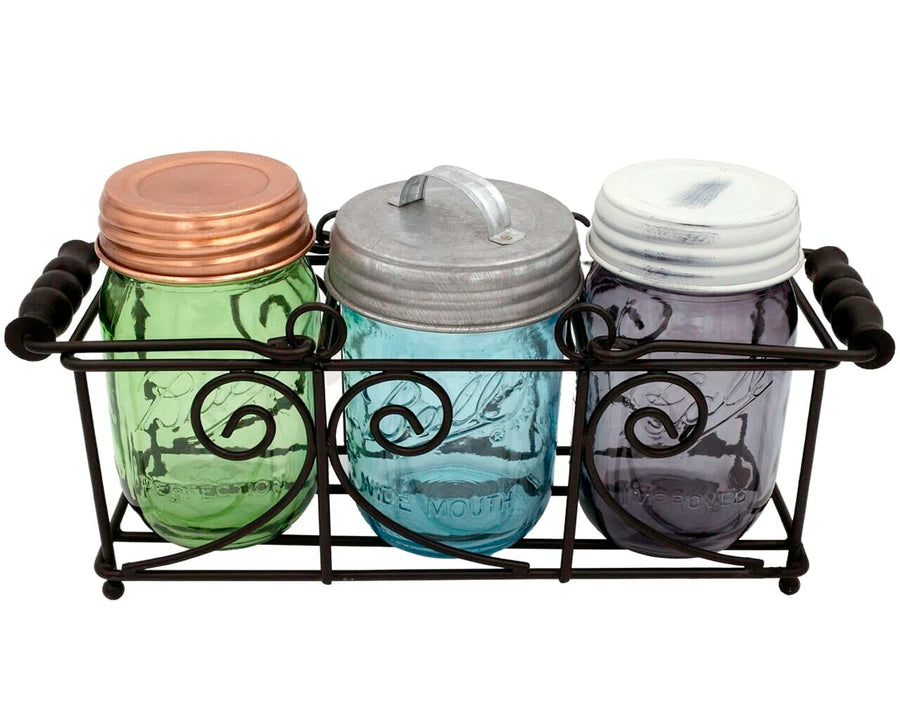 three-pint-16oz-mason-jar-caddy-black-metal-wood-handles-green-blue-purple-ball-jars