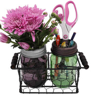 two-2-jar-caddy-regular-wide-mouth-pint-mason-jars-black-wood-handles-chicken-wire-frog-flower-lid-desk-organizer-pens-pencils-scissors