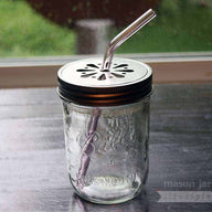 Wide mouth pint Ball jar with daisy lid and pink bent glass straw