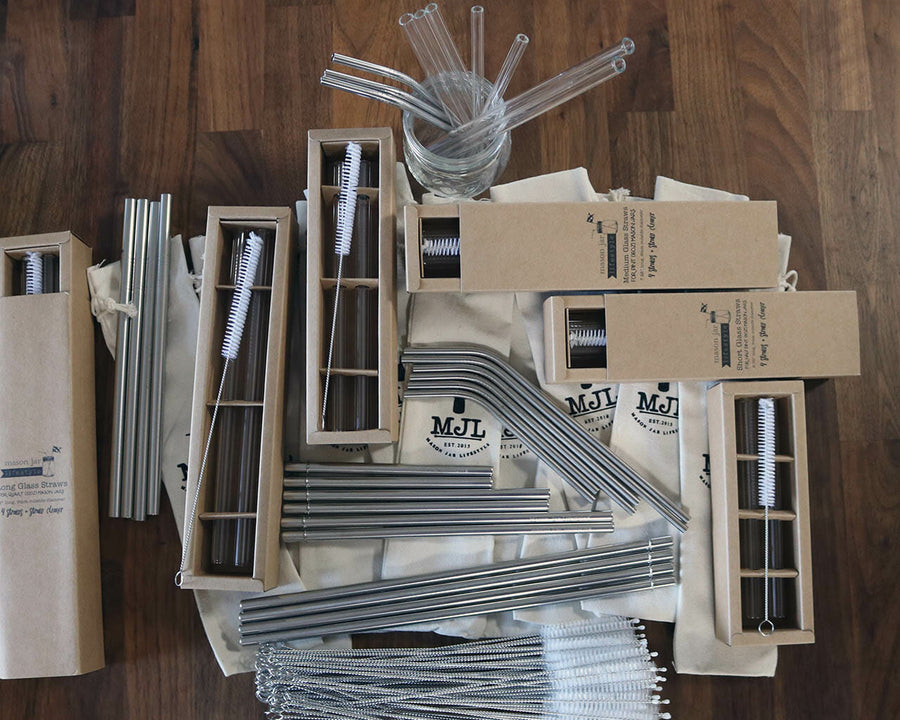 Mason Jar Lifestyle reusable straws glass and metal with straw cleaners and cloth storage bags