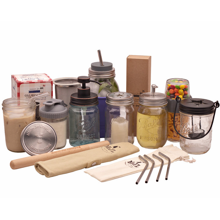 Mason Jar Lifestyle MJL brand category image soap pump stainless steel straws pour and store lid cold brew coffee oil cruet candle holder