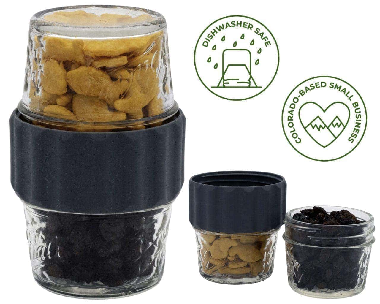 2-in-1-lid-connect-two-regular-mouth-mason-jars-charcoal-gray-silicone-seals-goldfish-crackers-raisins-snack-icons